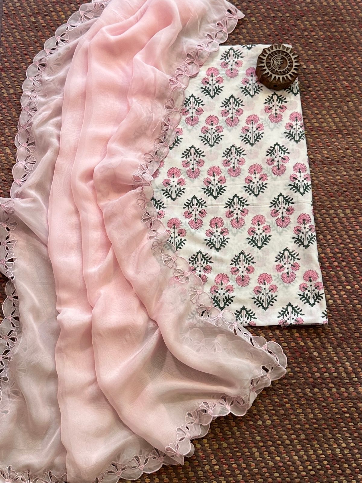 Pure Cotton Handblocked Fabric with Exclusive Cutwork Organza Dupatta