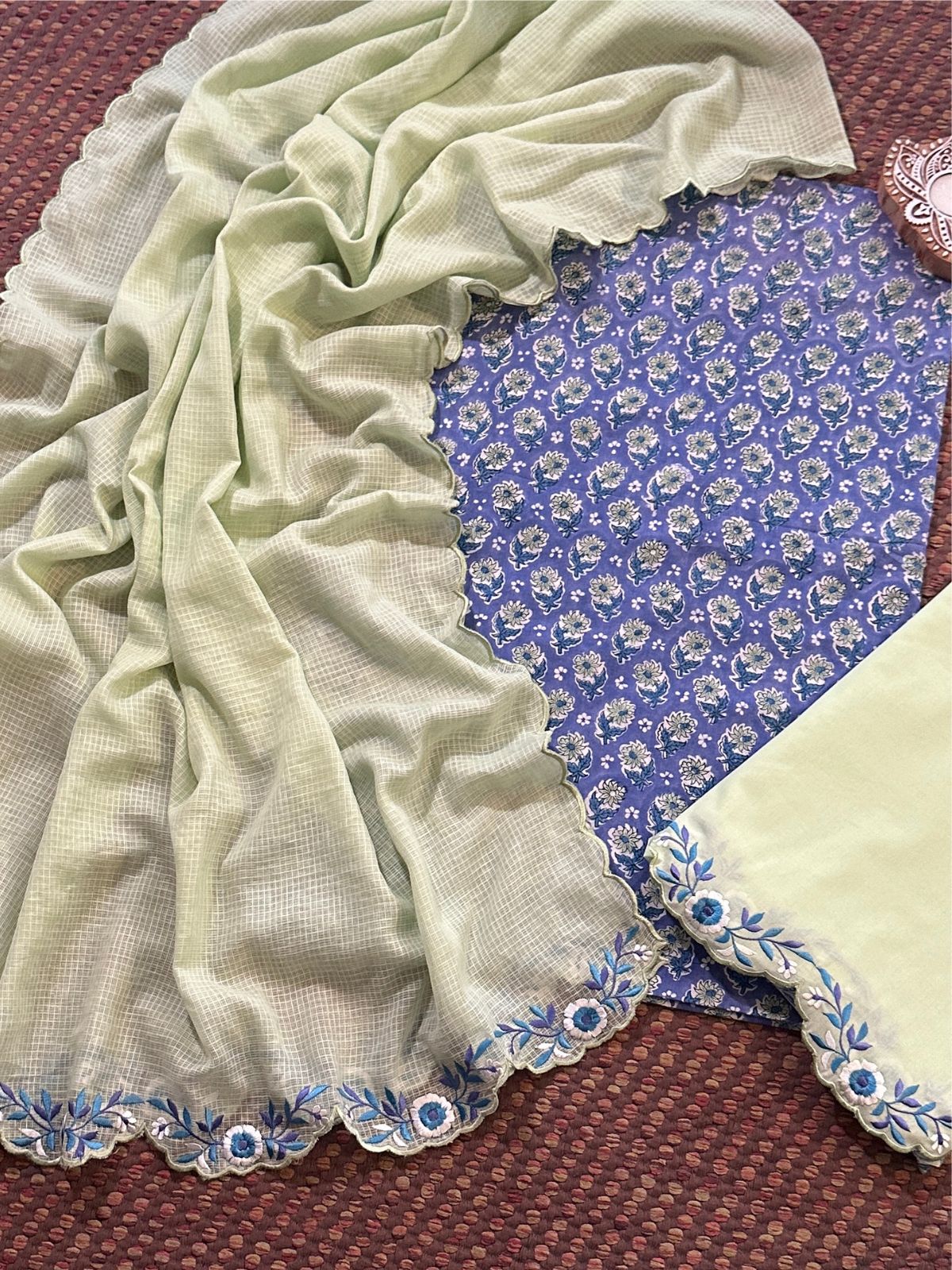 Pure Cotton Hand-block Fabric with Embroidered Bottom & Kota Doria Dupatta
