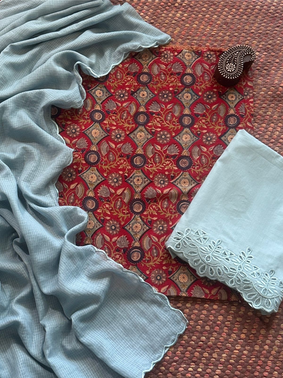 Pure Cotton Malmal Hand-blocked Fabric with Cutwork Bottom & Kota Doria Dupatta