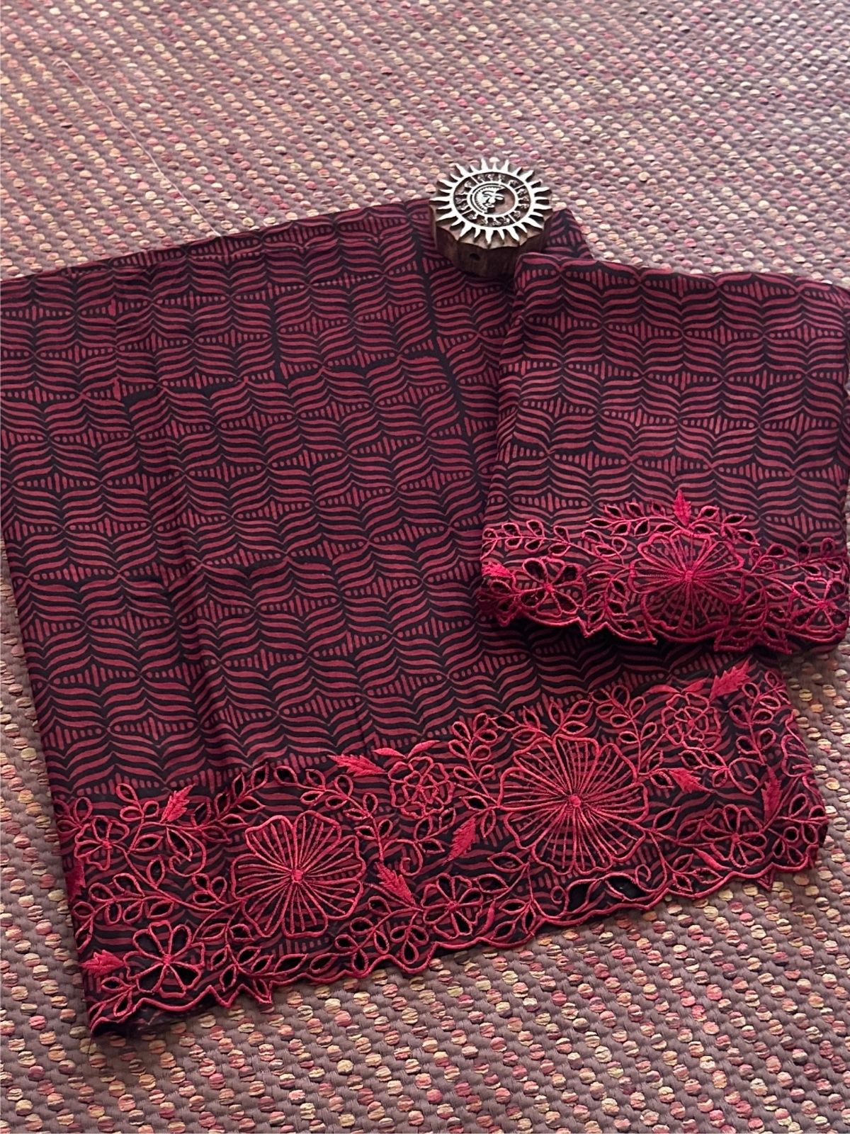 Exclusive Cutwork embroidered Ajrak Cotton Malmal Coord Set