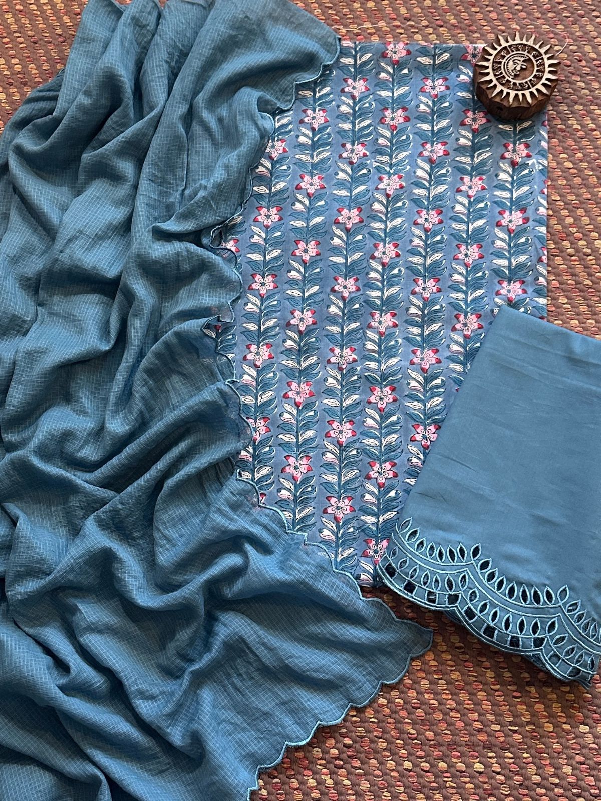 Pure Cotton Hand-blocked Fabric with Cutwork Bottom & Kota Doria Dupatta