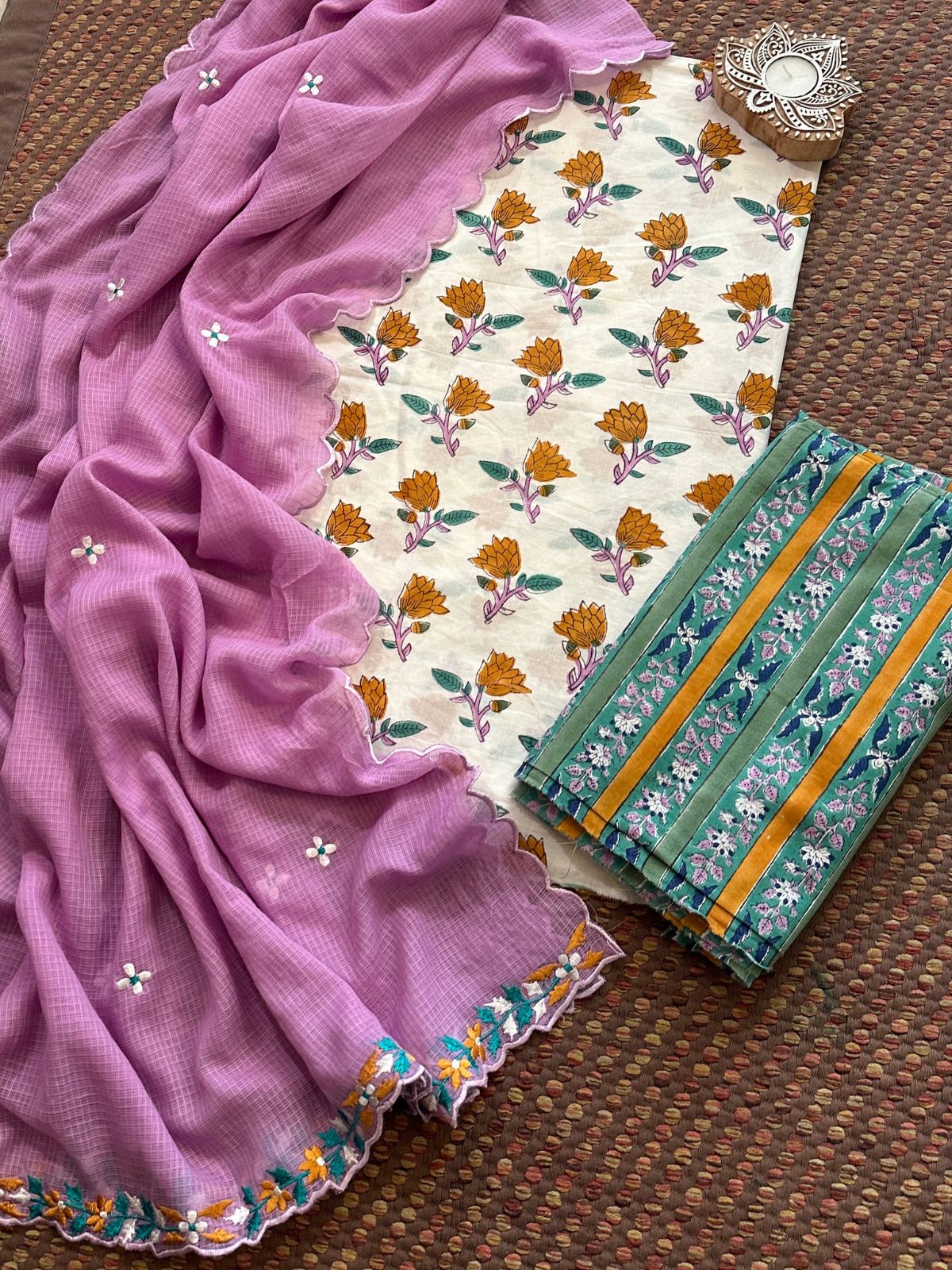 Premium Pure Cotton Malmal Hand blocked Set with Embroidered Dupatta