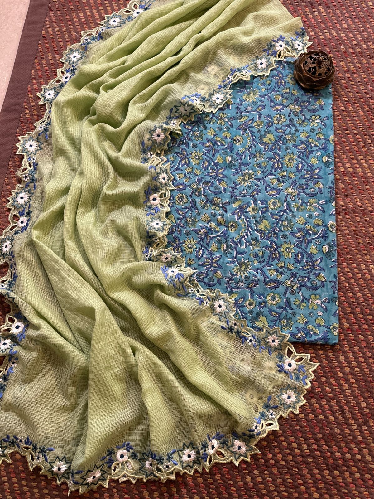 Pure Cotton Handblock Fabric with Exclusive Cutwork Embroidered Dupatta