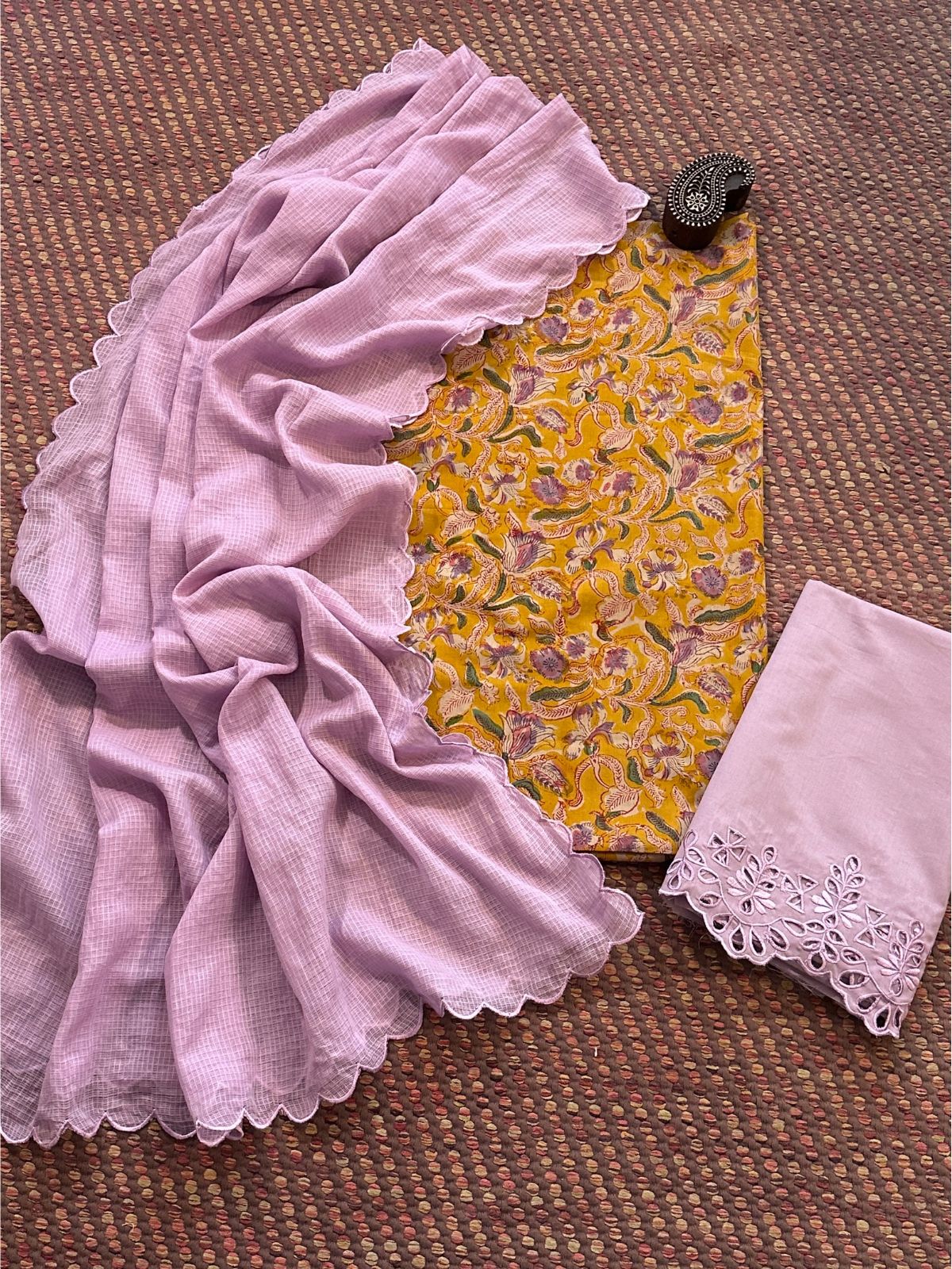 Pure Cotton Malmal Hand-blocked Fabric with Cutwork Bottom & Kota Doria Dupatta