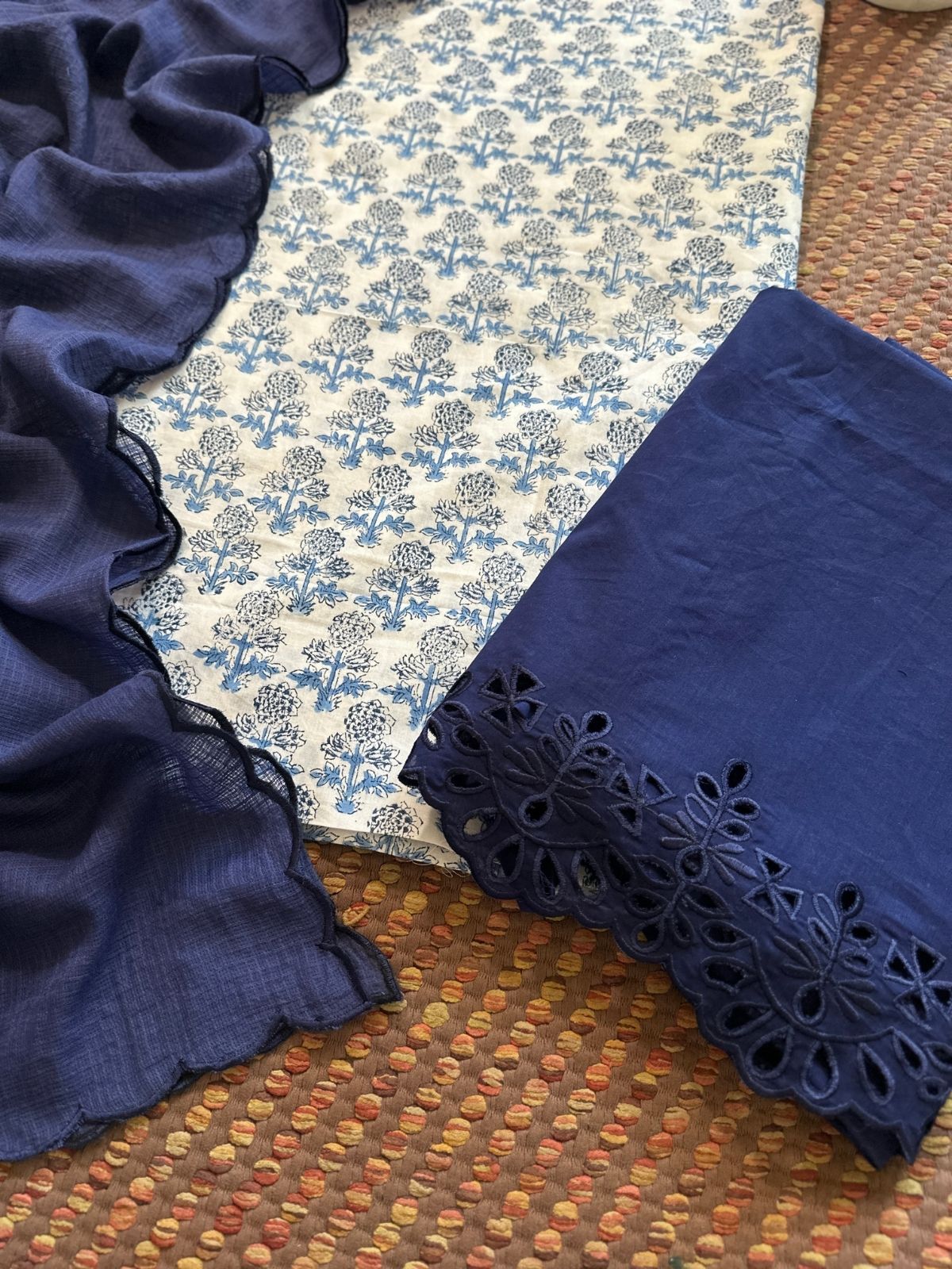 Pure Cotton Hand-blocked Fabric with Cutwork Bottom & Kota Doria Dupatta