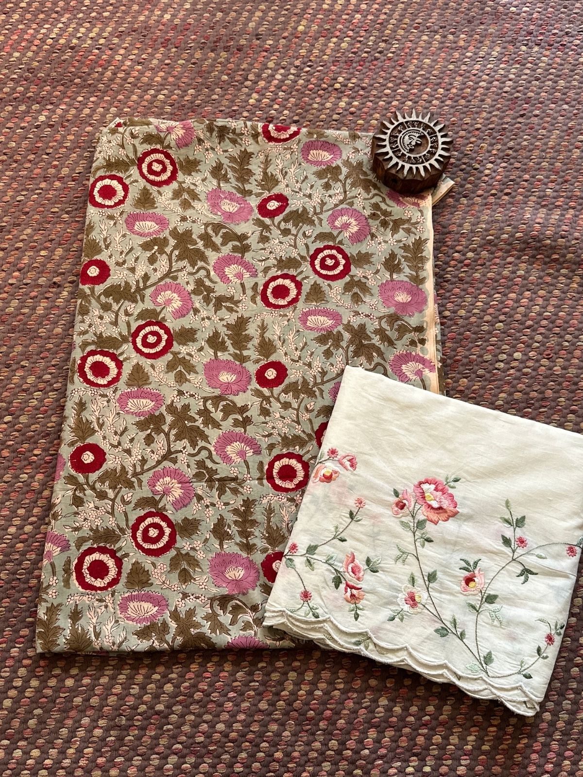 Pure Cotton Hand-blocked Fabric with Embroidered Bottom
