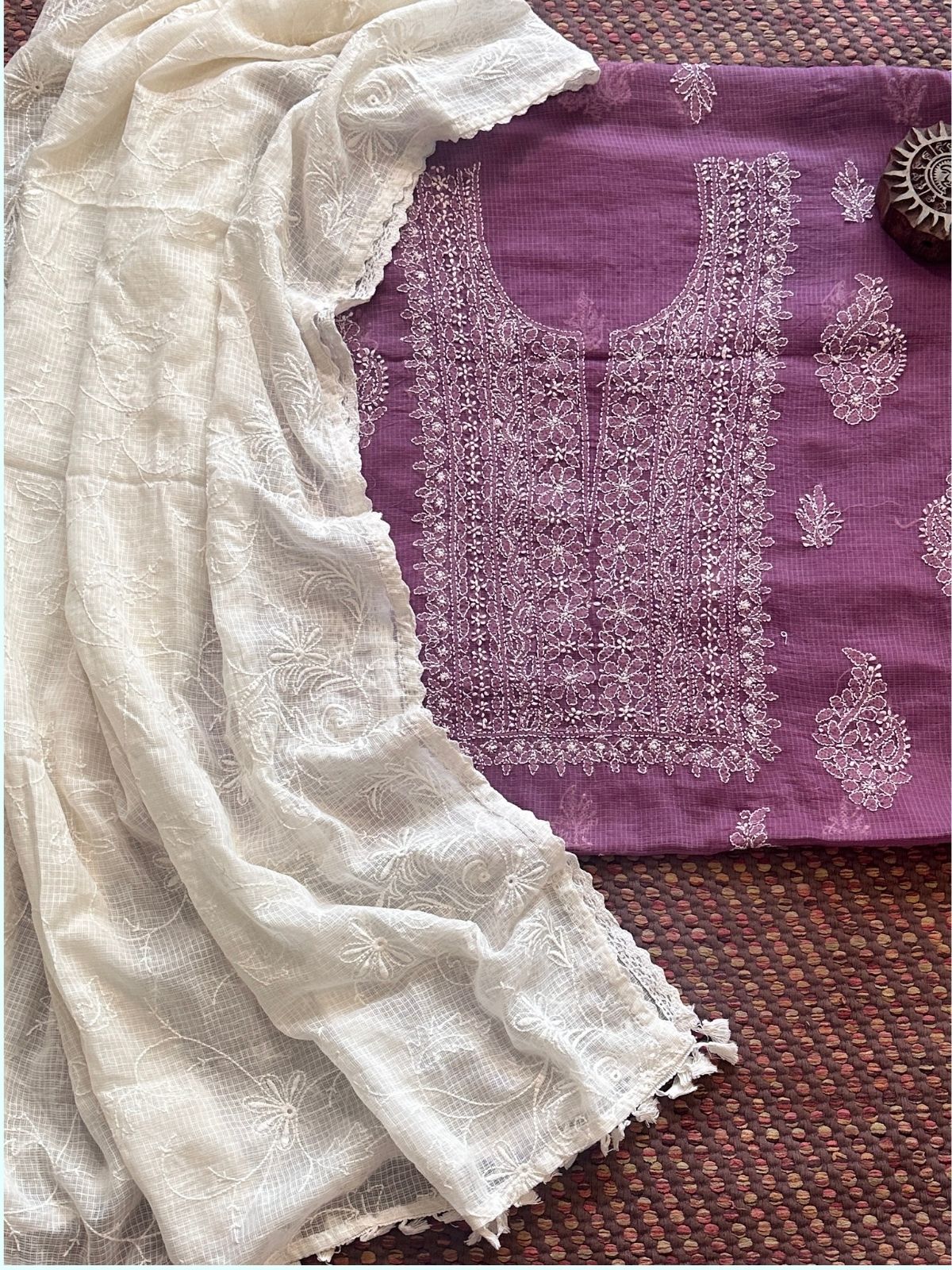Chikankari Hand Embroidered Fabric with Kota Embroidered Dupatta