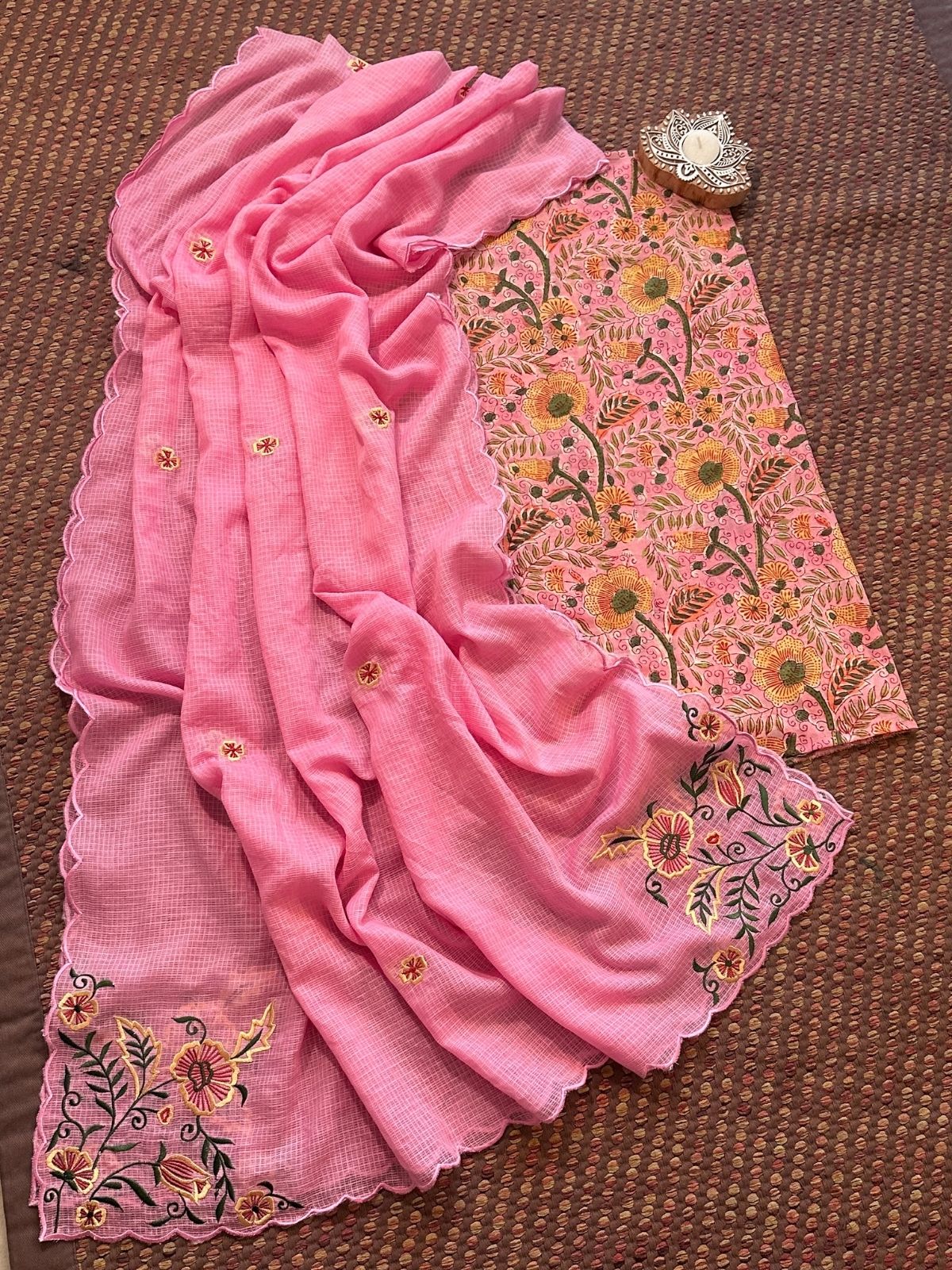 Pure Cotton Malmal Handblock Fabric with Embroidered Dupatta.