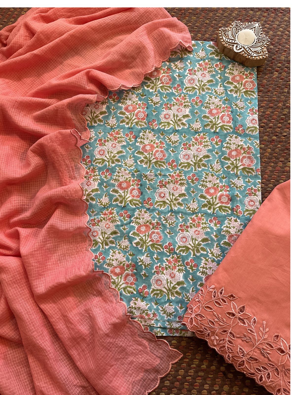 Pure Cotton Hand-blocked Fabric with Cutwork Bottom & Kota Doria Dupatta