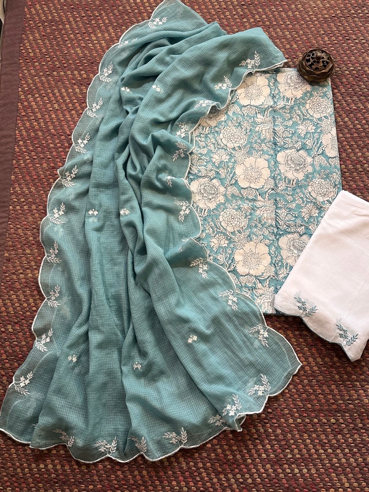 Pure Cotton Hand-block Fabric with Embroidered Bottom & Kota Doria Dupatta