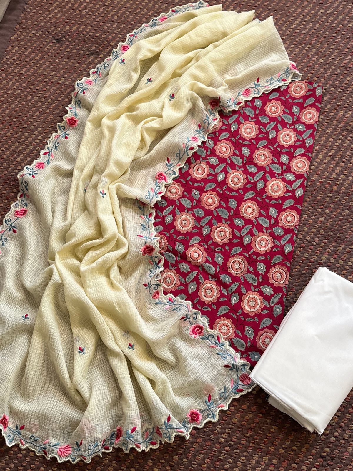 Pure Cotton Hand-block Fabric set with Embroidered Kota Doria Dupatta