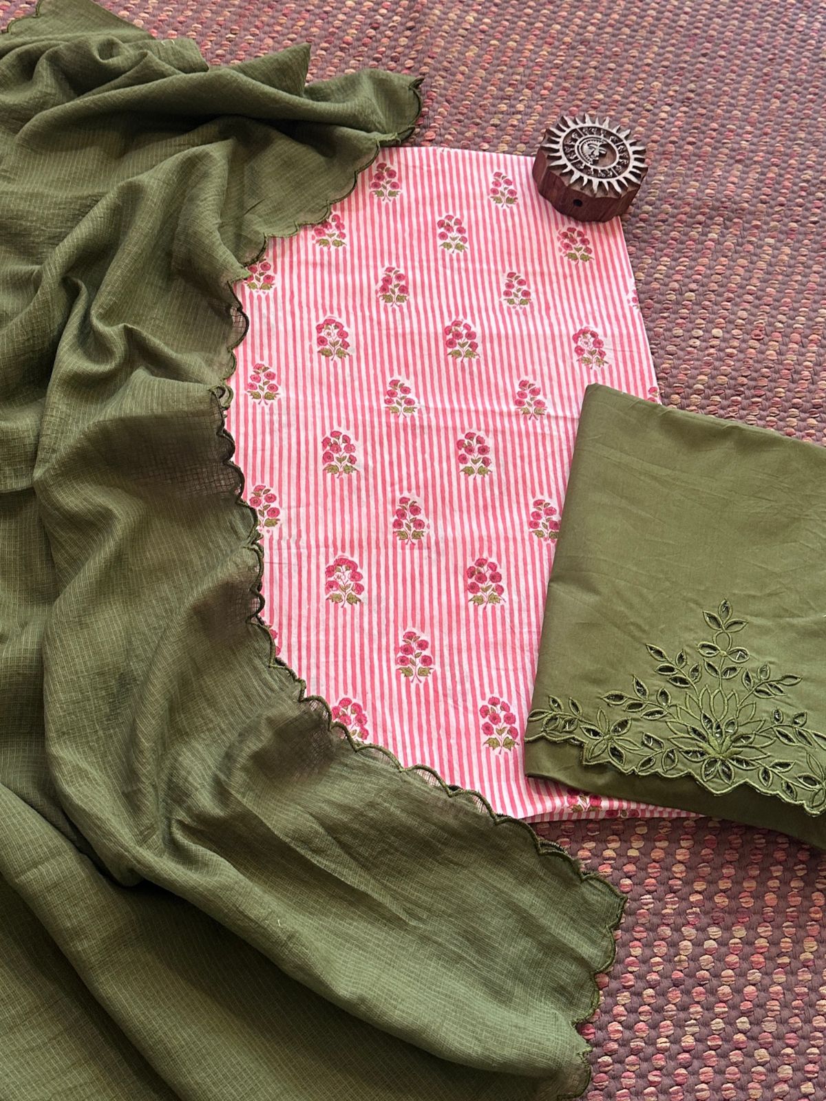Pure Cotton Hand-blocked Fabric with Cutwork Bottom & Kota Doria Dupatta