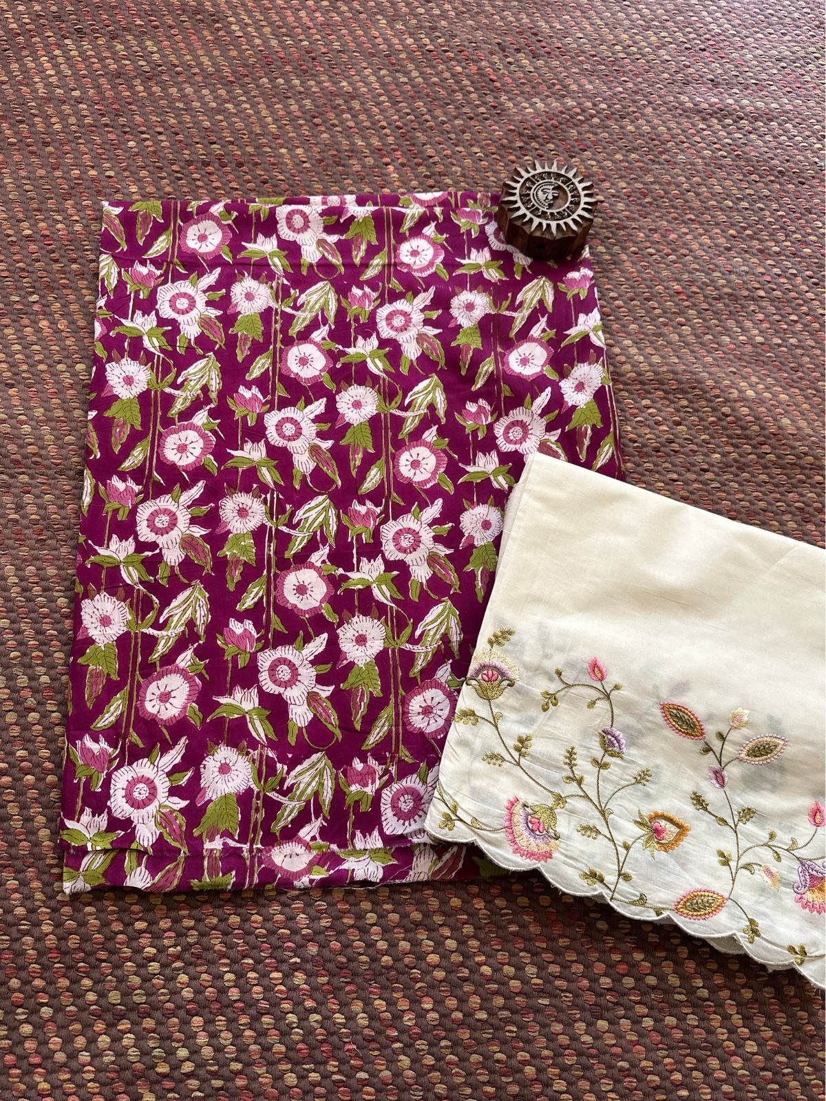 Pure Cotton Hand-blocked Fabric with Embroidered Bottom