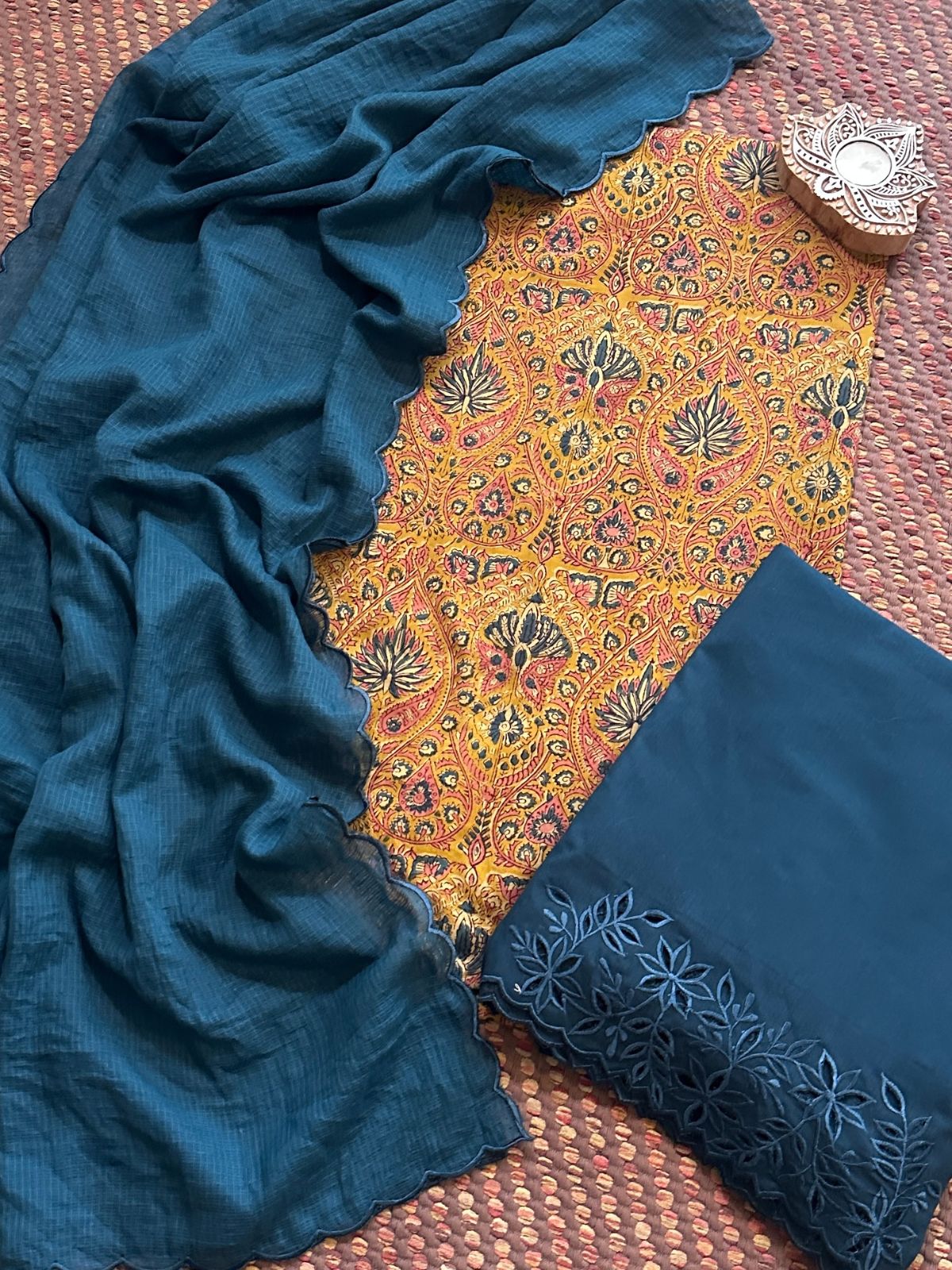 Pure Cotton Malmal Hand-blocked Fabric with Cutwork Bottom & Kota Doria Dupatta