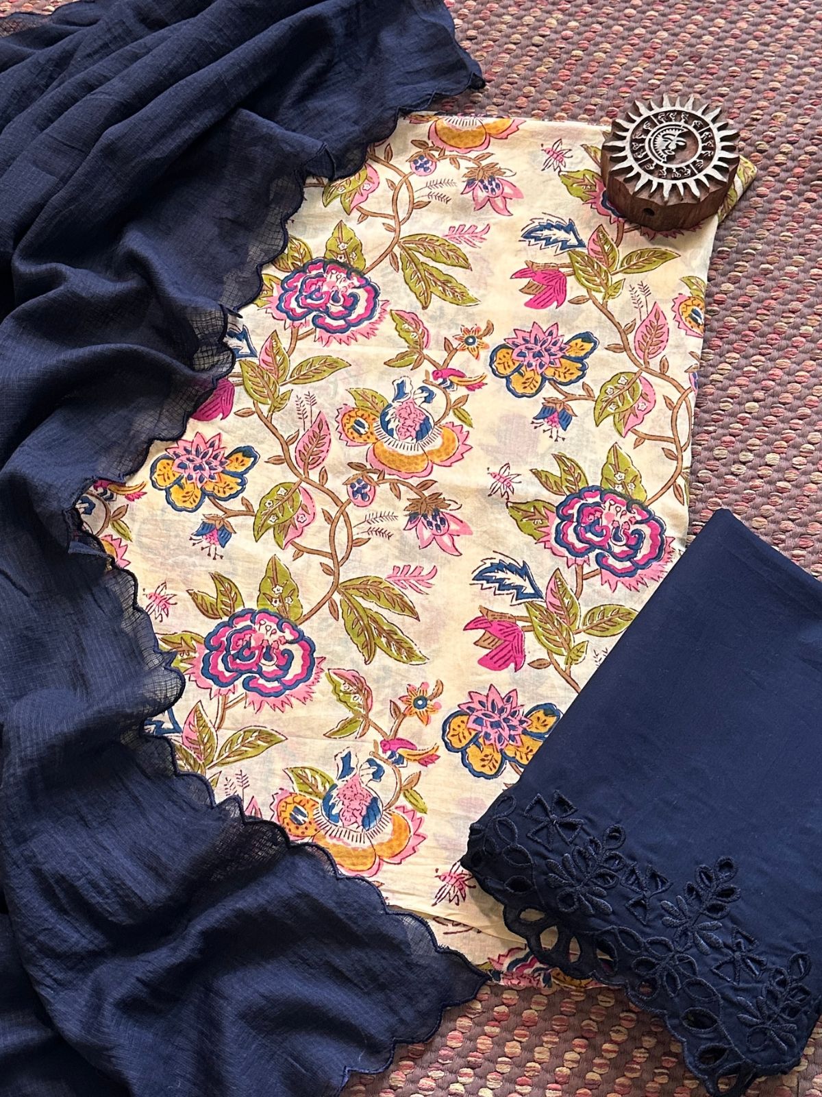 Pure Taj Cotton Hand-blocked Fabric with Cutwork Bottom & Kota Doria Dupatta
