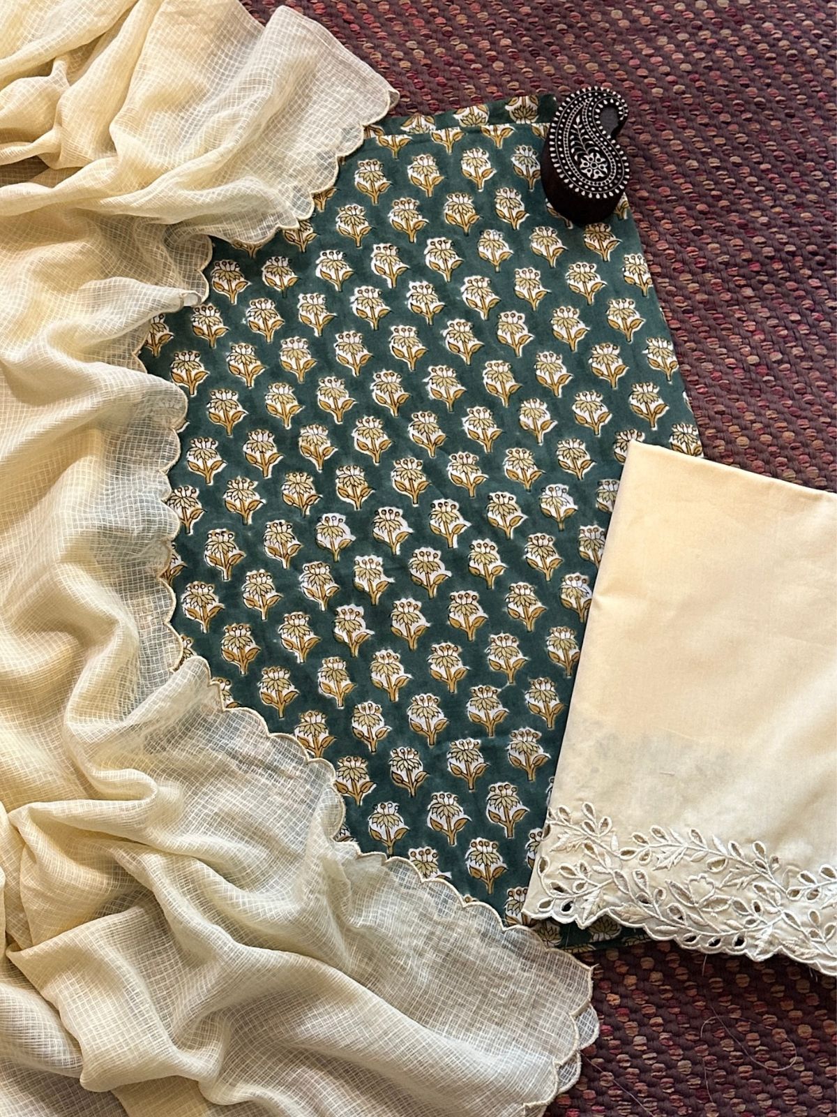 Pure Cotton Hand-blocked Fabric with Cutwork Bottom & Kota Doria Dupatta