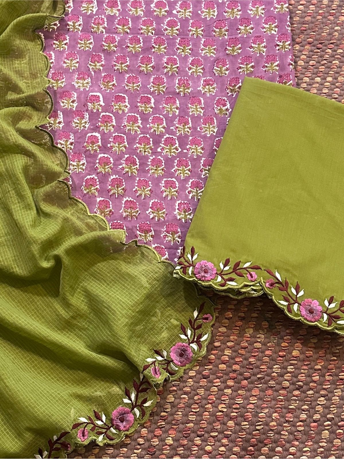 Pure Cotton Hand-block Fabric with Embroidered Bottom & Kota Doria Dupatta