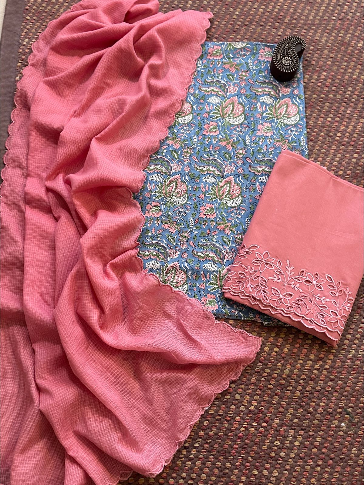 Pure Cotton Hand-blocked Fabric with Cutwork Bottom & Kota Doria Dupatta