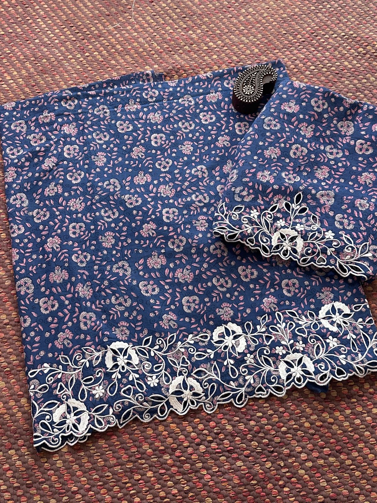 Pure Cotton Indigo Handblocked Coord Set with Cutwork embroidery