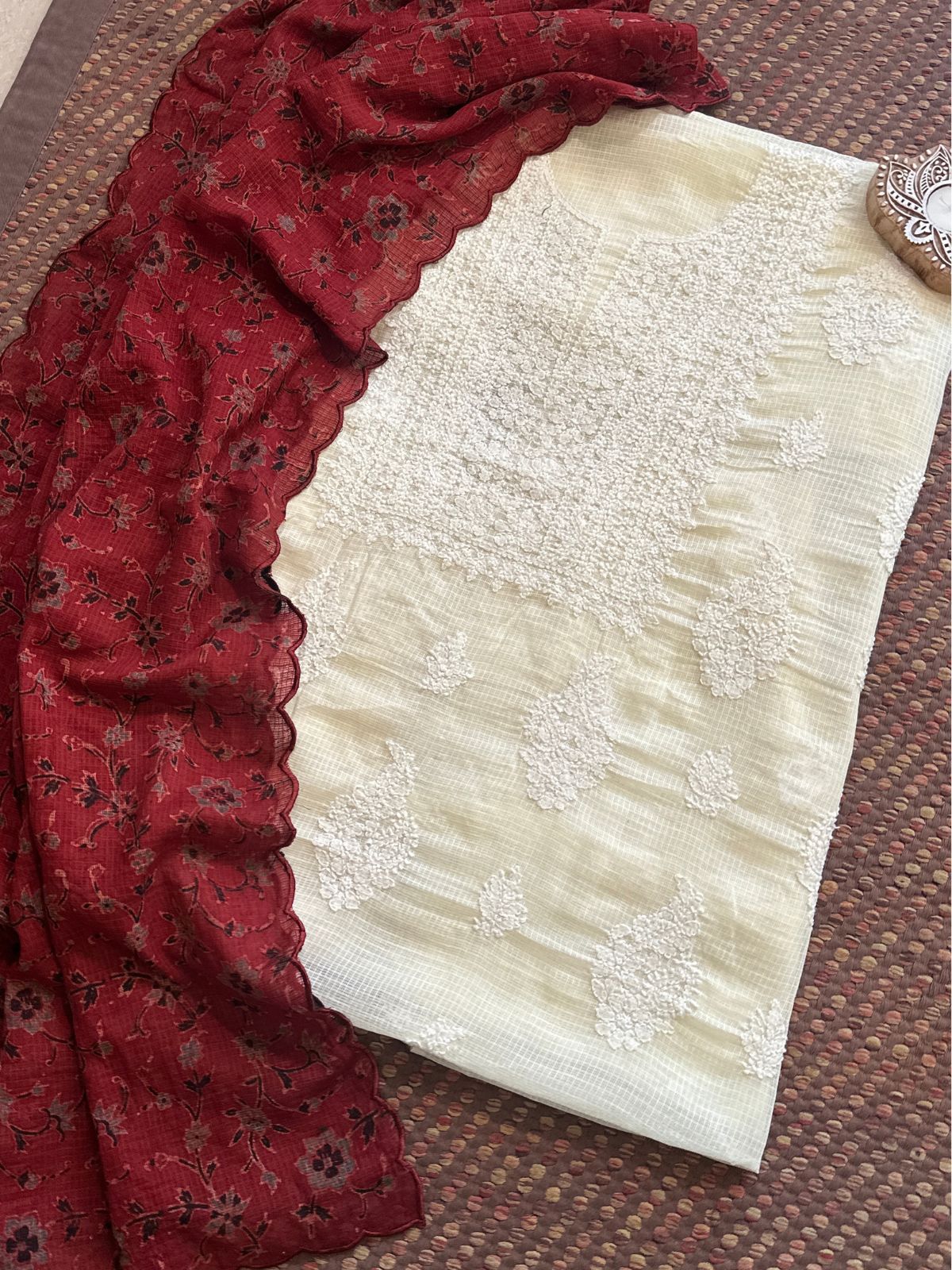 Chikankari Hand Embroidered Kota Doria Fabric with Ajrak Handblocked Kota Dupatta