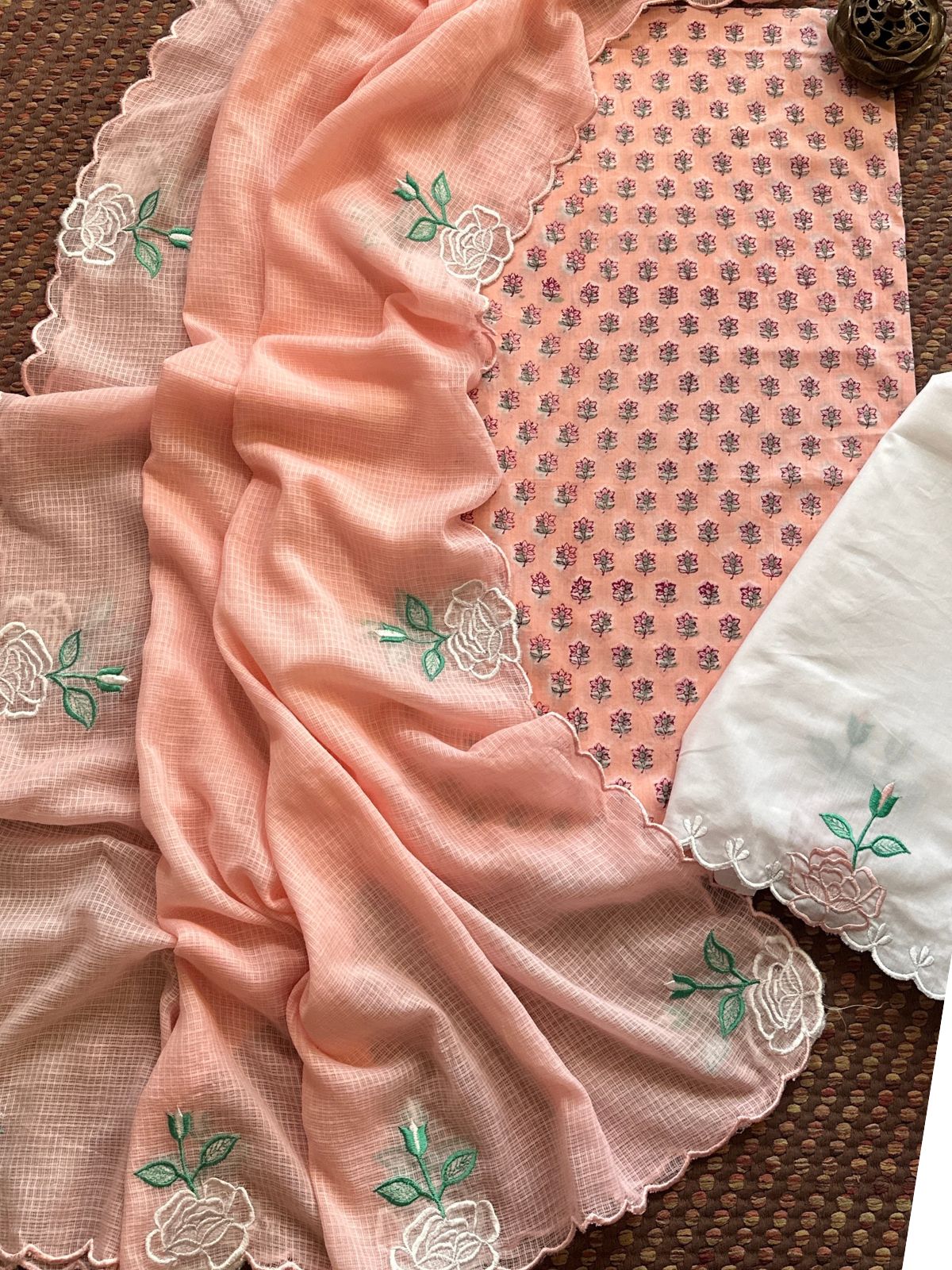 Pure Cotton Hand-block Fabric with Embroidered Bottom & Kota Doria Dupatta