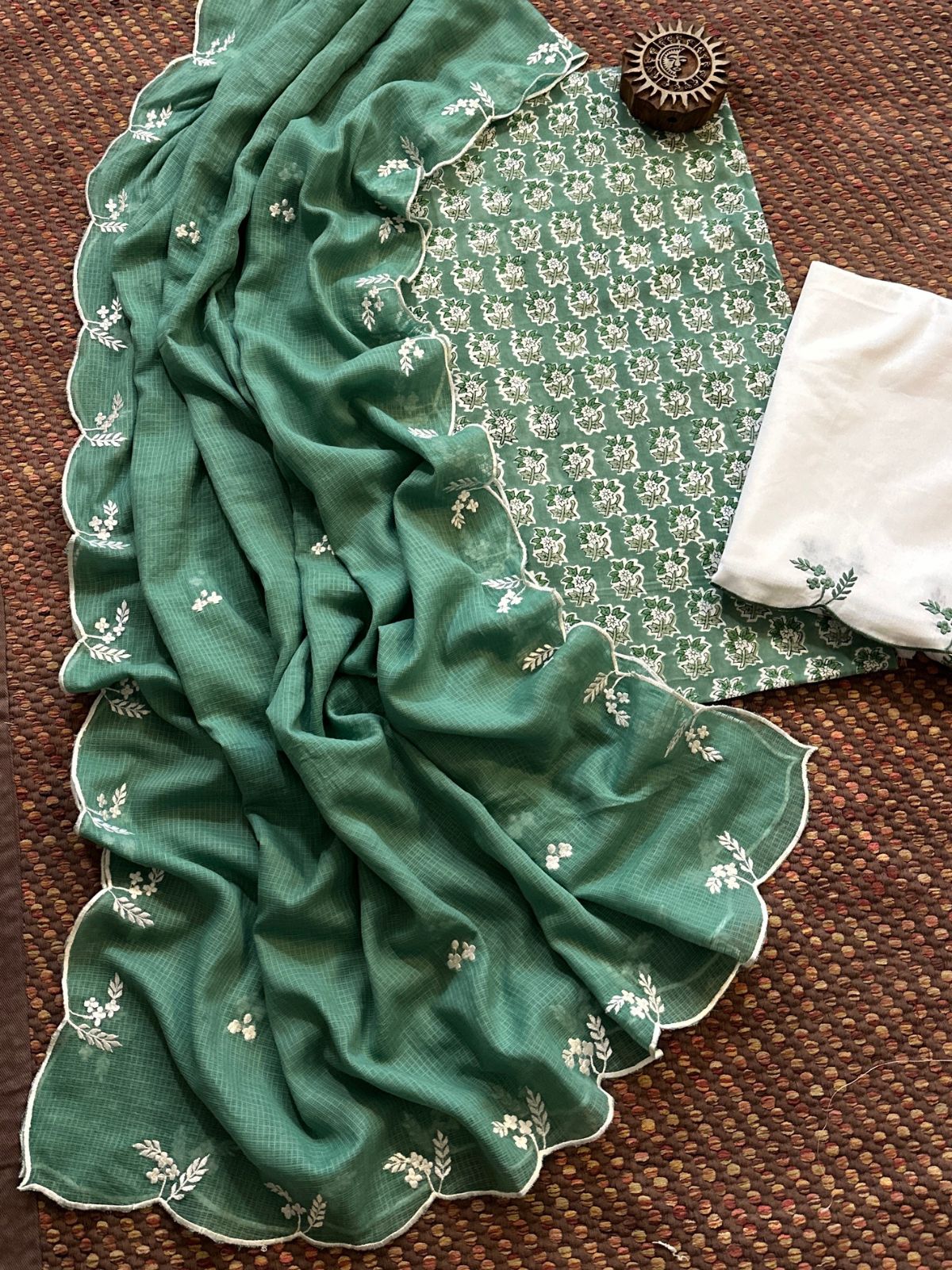 Pure Cotton Hand-block Fabric with Embroidered Bottom & Kota Doria Dupatta