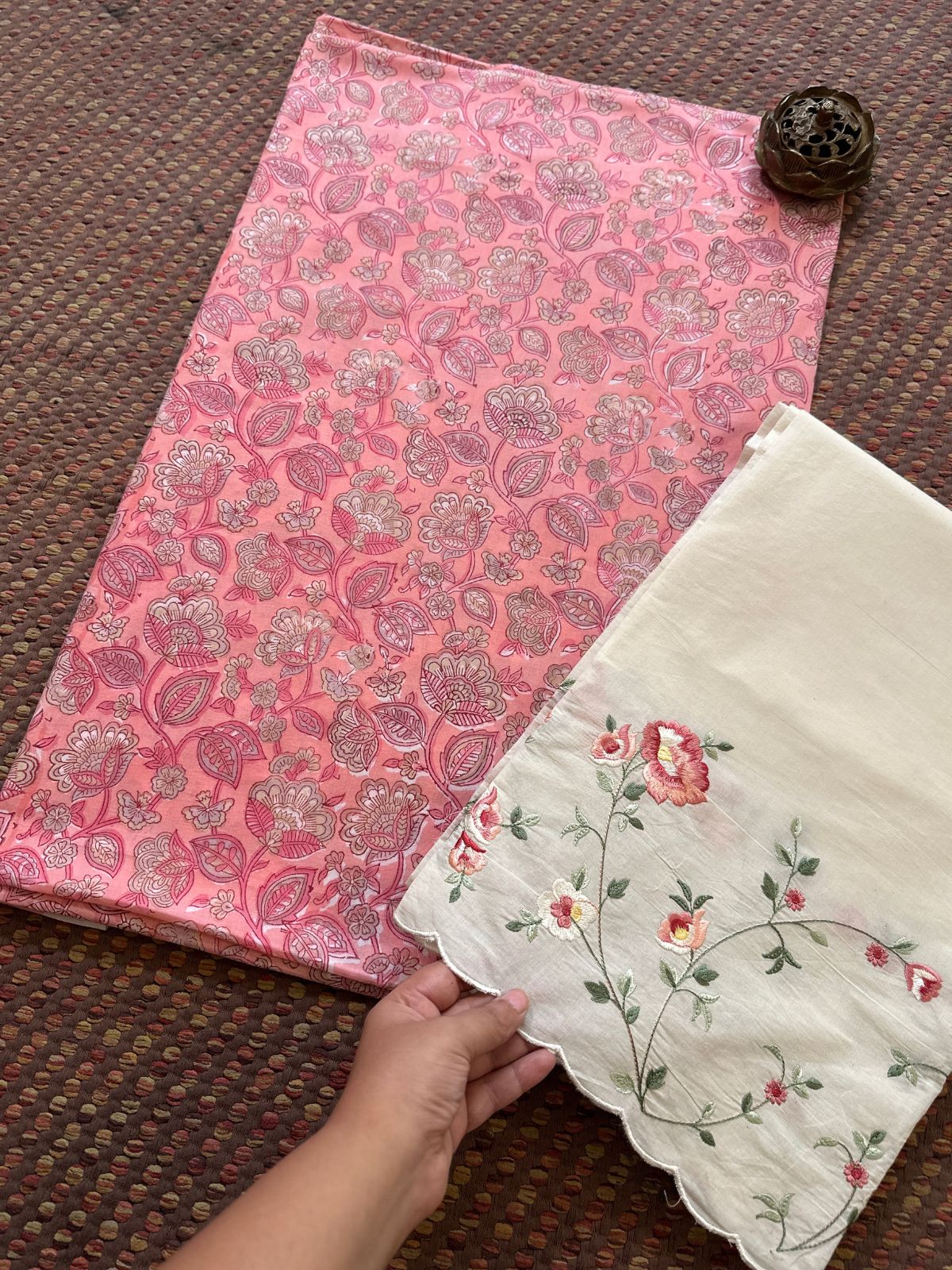 Pure Cotton Hand-blocked Fabric with Embroidered Bottom