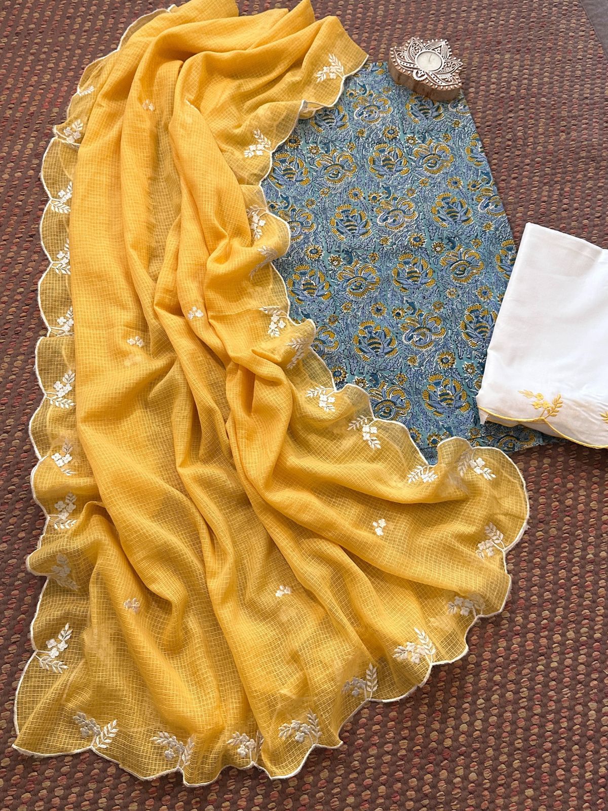 Pure Cotton Malmal Hand-block Fabric with Embroidered Bottom & Kota Doria Dupatta