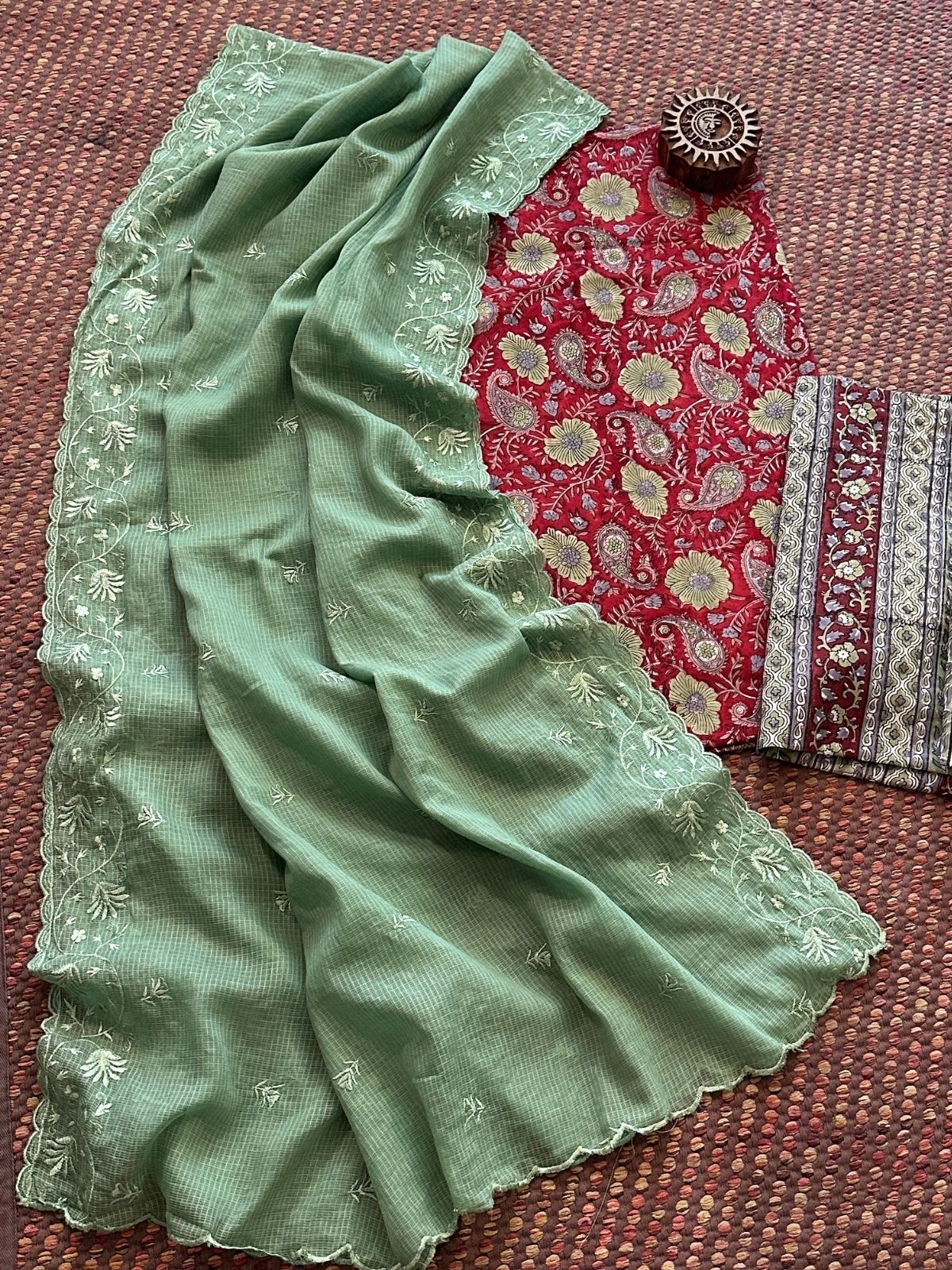 Pure Cotton Hand Blocked Set with Embroidered Dupatta