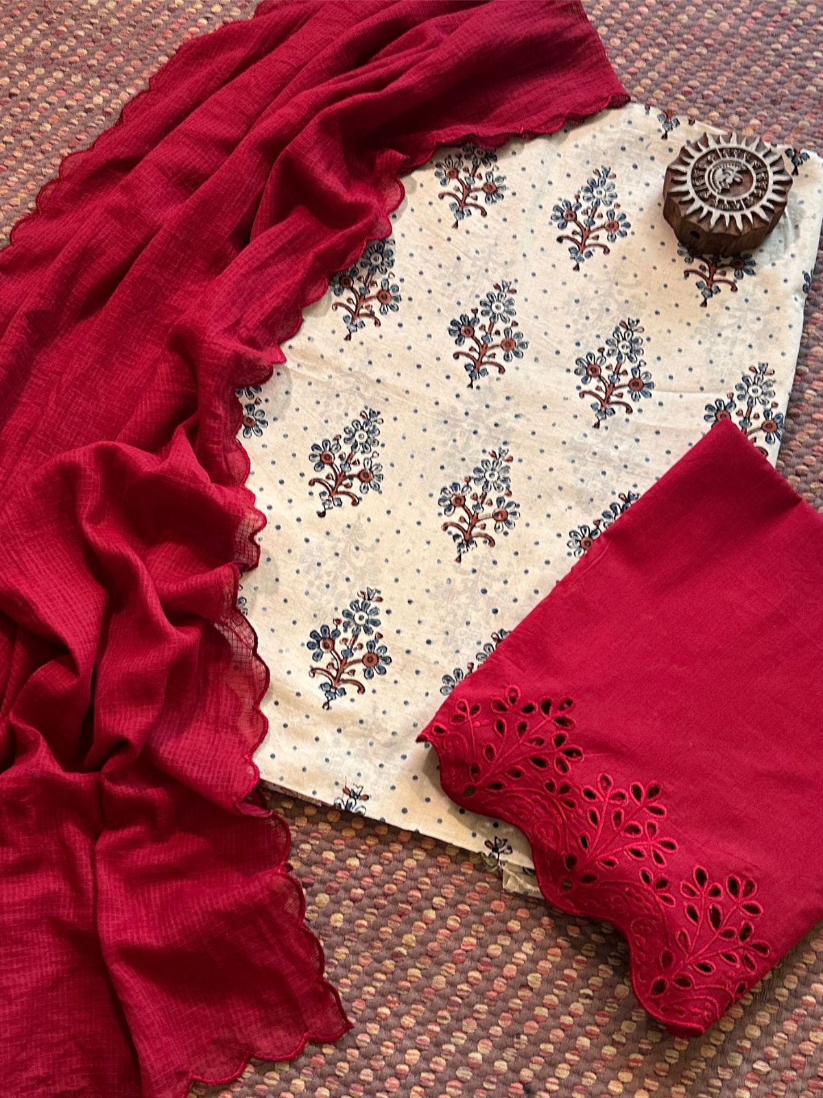 Pure Cotton Malmal  Ajrakh Fabric with Exclusive Cutwork Bottom & Kota Doria Dupatta