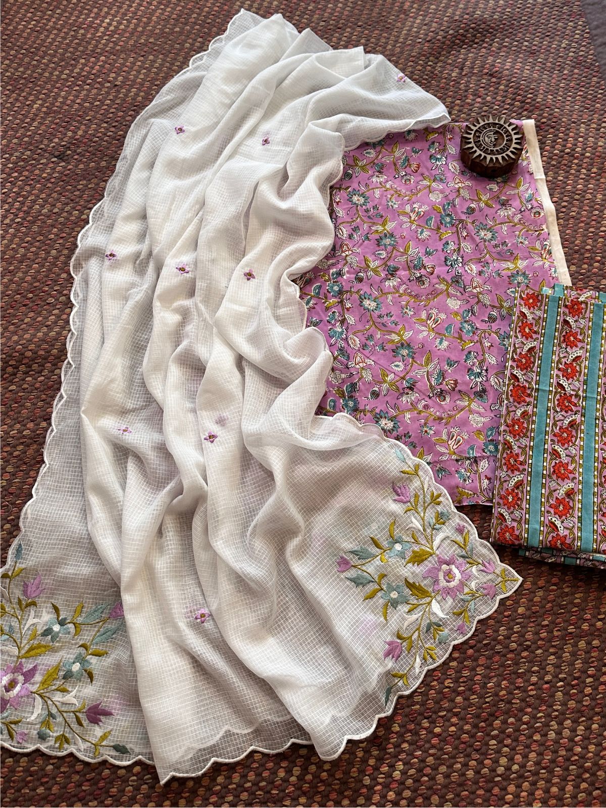 Pure Cotton Malmal Handblock Fabric with Embroidered Dupatta