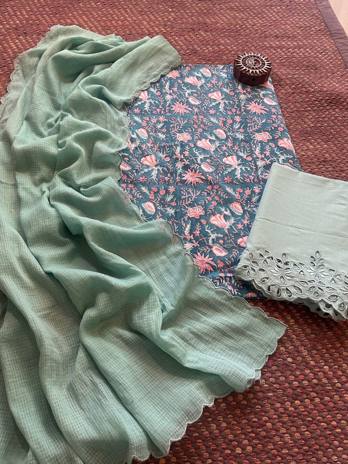 Pure Cotton Hand-blocked Fabric with Cutwork Bottom & Kota Doria Dupatta