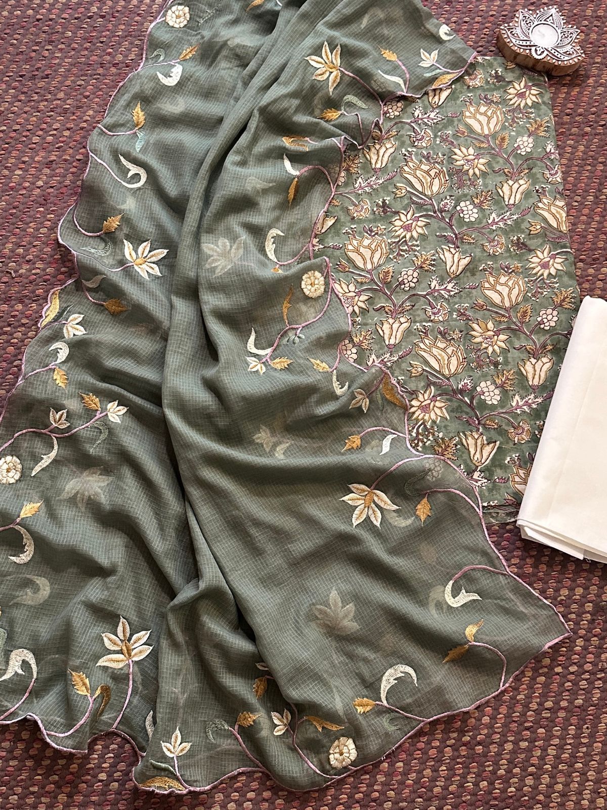 Pure Cotton Hand-blocked Fabric with Embroidered Dupatta