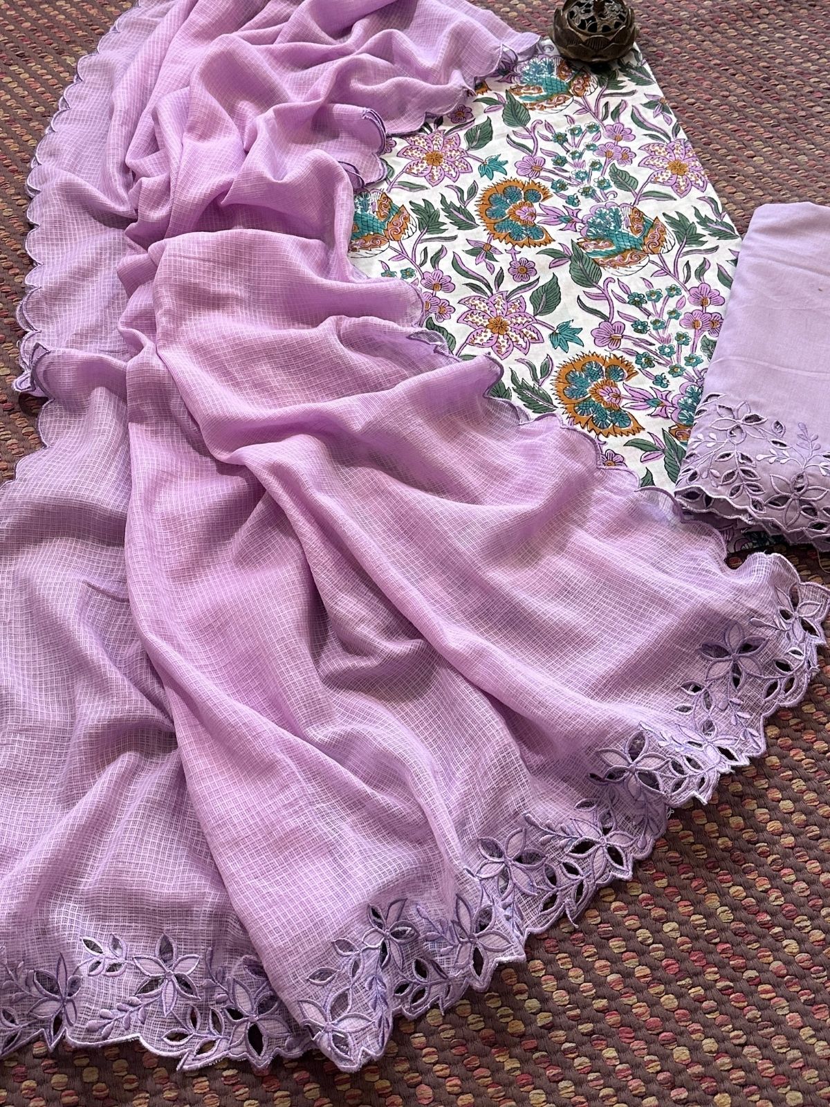 Pure Cotton Malmal Hand-blocked Fabric with Cutwork Bottom & Kota Doria Dupatta