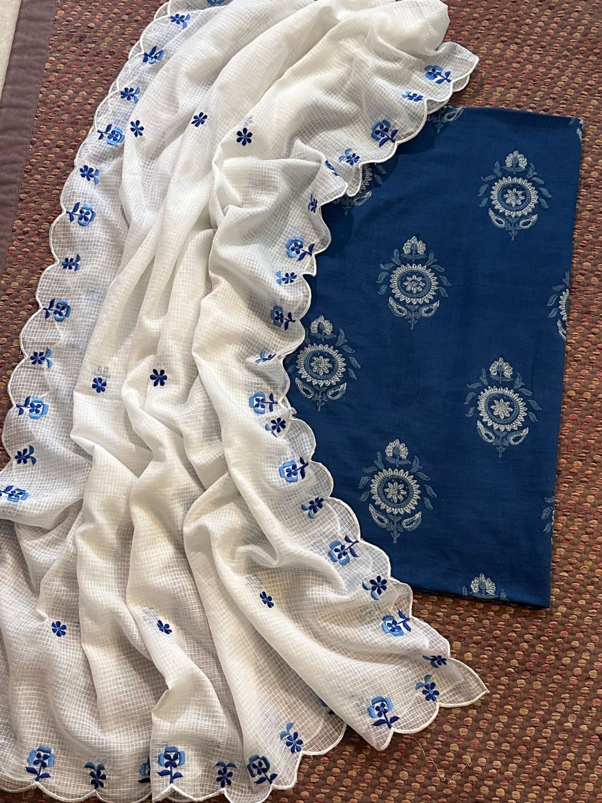 Pure Cotton Handblocked Fabric with Embroidered Dupatta