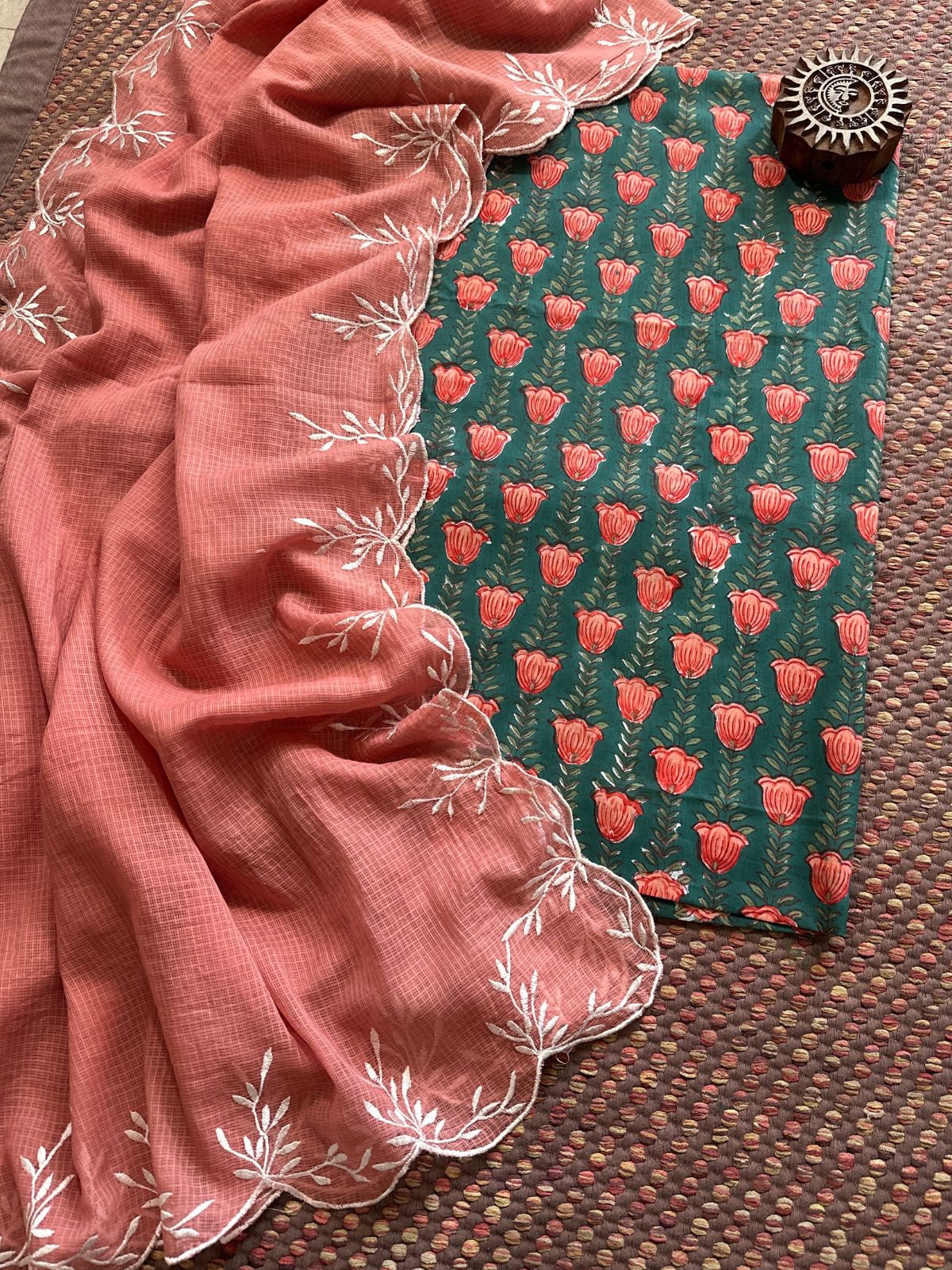 Pure Cotton Hand-blocked fabric set with Embroidered Dupatta