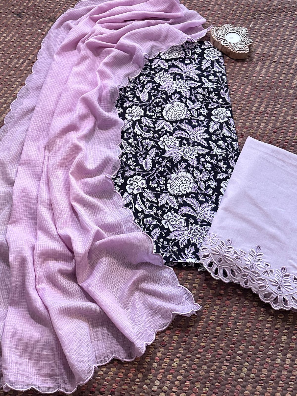 Pure Cotton Hand-blocked Fabric with Cutwork Bottom & Kota Doria Dupatta