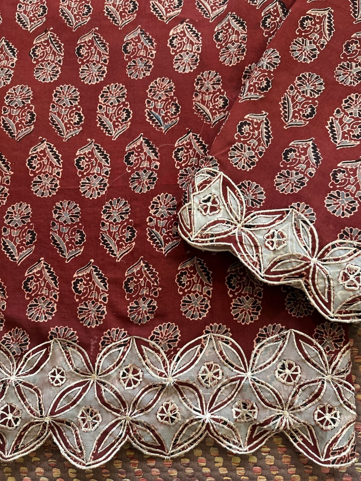 Exclusive Cutwork embroidered Ajrak Cotton Malmal Coord Set