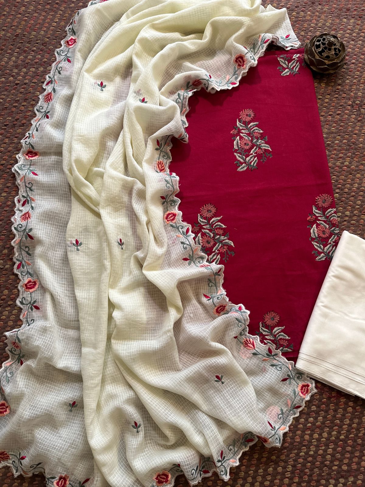 Pure Cotton Hand-block Fabric set with Embroidered Kota Doria Dupatta