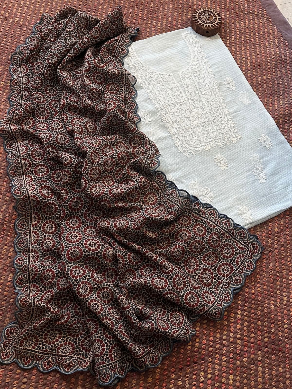 Chikankari Hand Embroidered Fabric with Ajrak Hadblocked Kota Dupatta