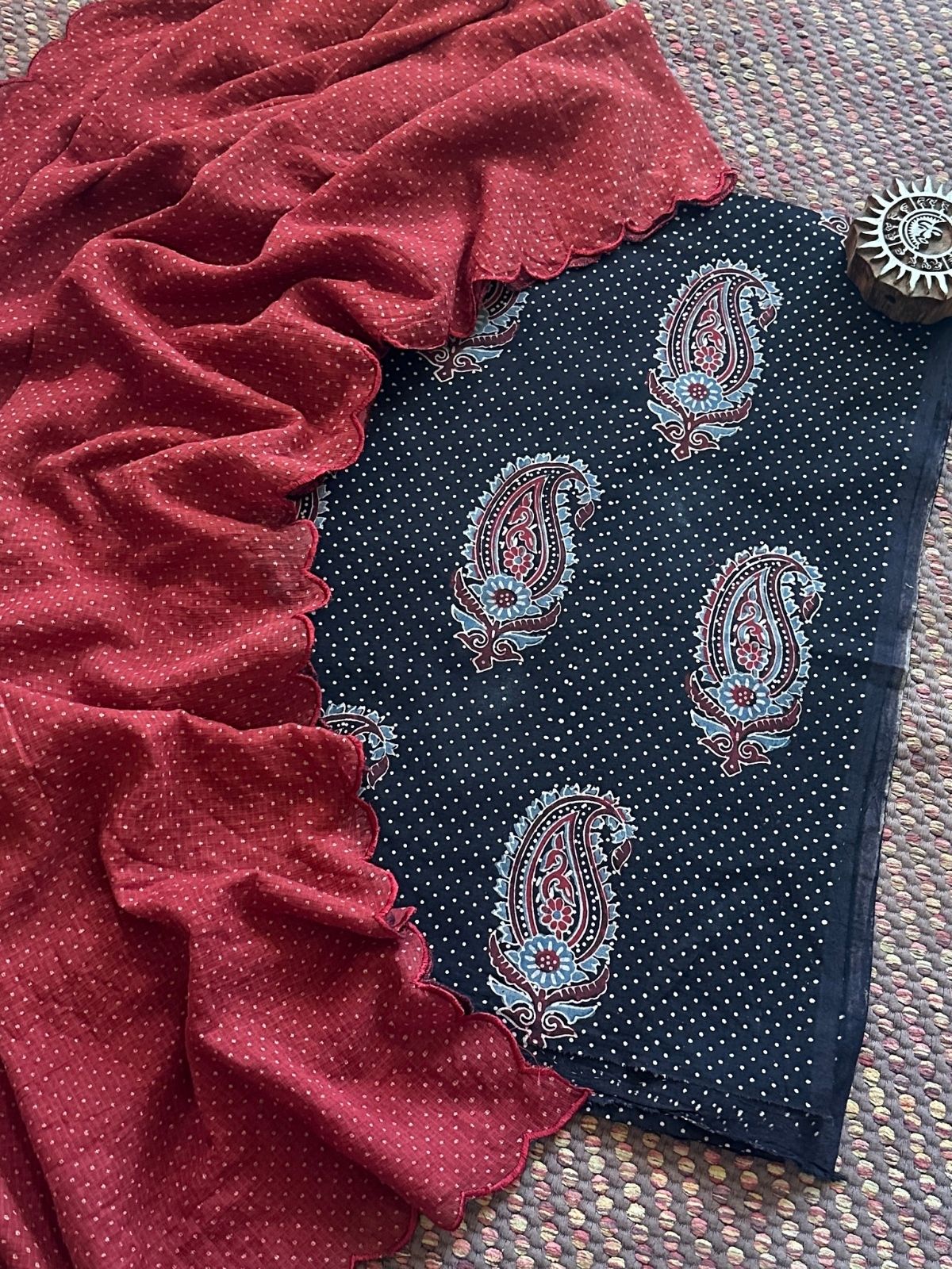 Ajrakh Cotton Malmal Handblocked Set- Top & Dupatta