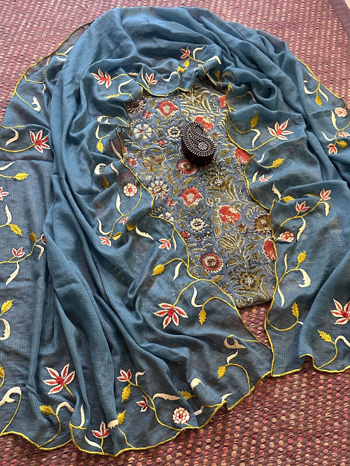 Pure Cotton Hand-blocked Fabric with Embroidered Dupatta