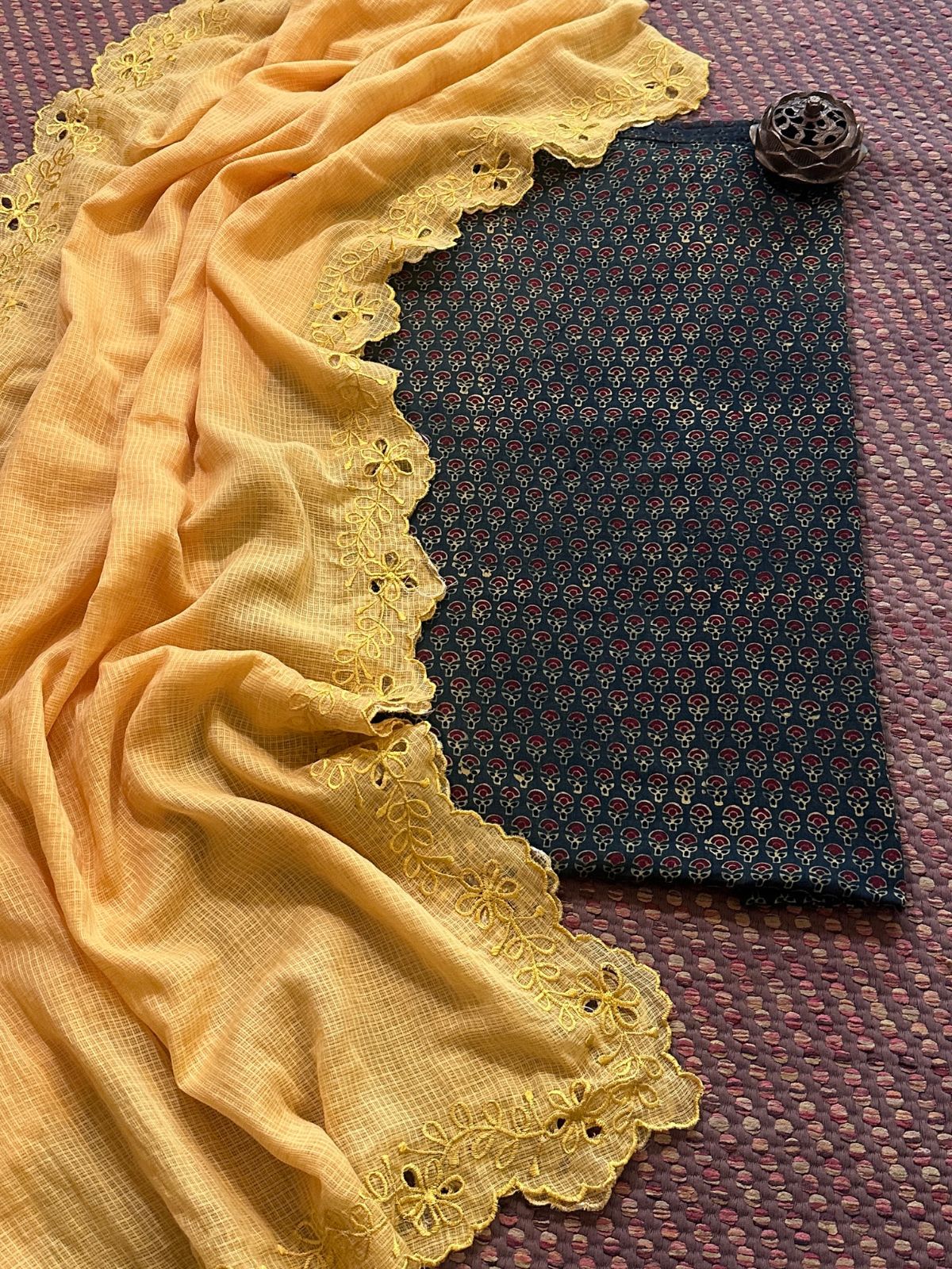 Pure Cotton Malmal Handblock Fabric in Ajrak with Cutwork Embroidered Dupatta