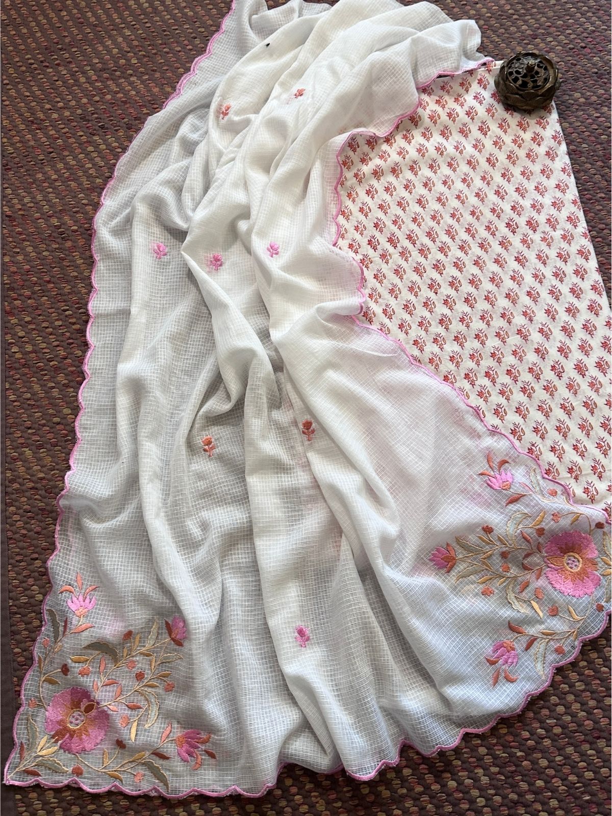 Pure Cotton Hand-blocked Fabric with Embroidered Dupatta