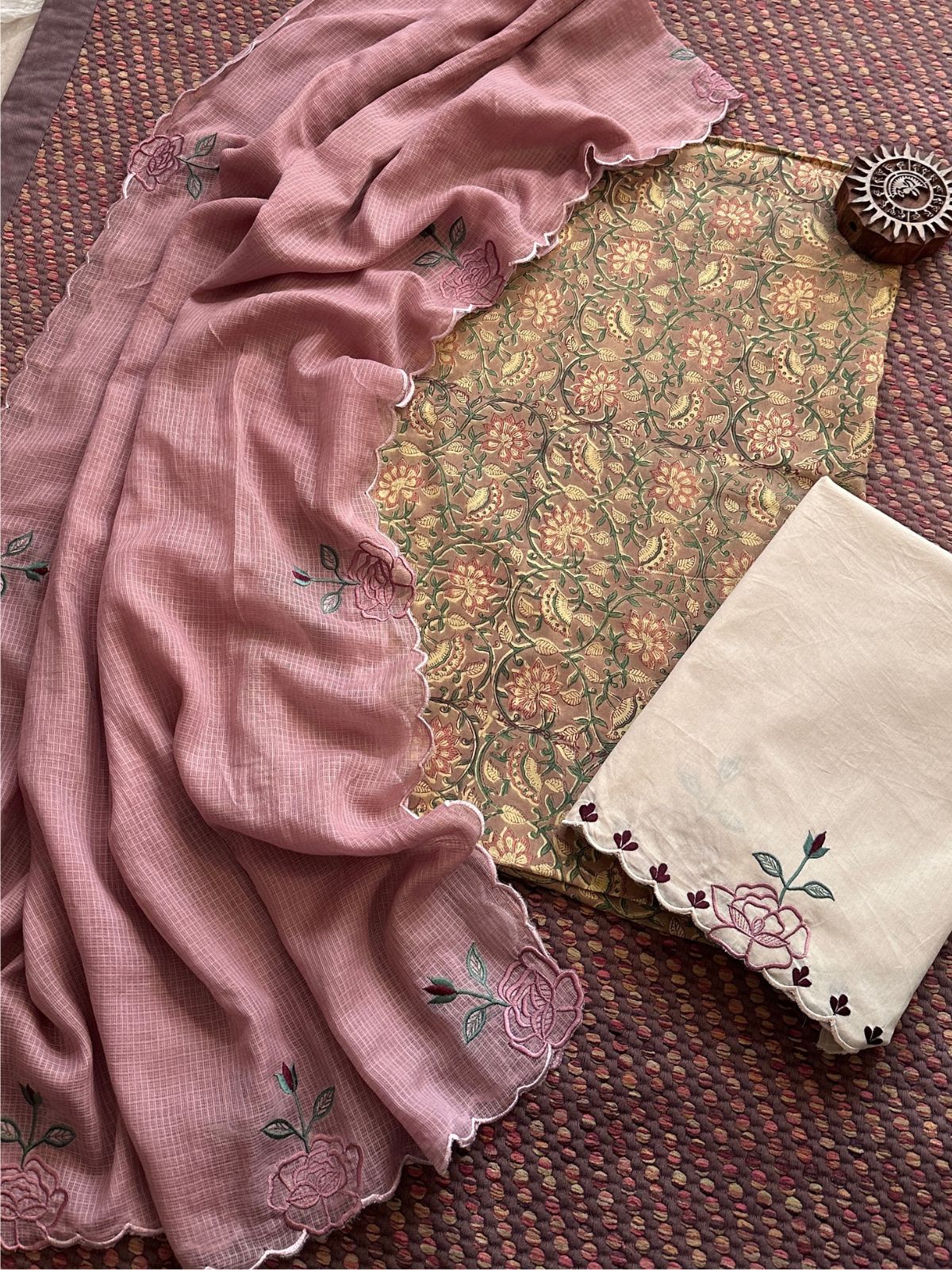 Pure Cotton Malmal Hand-block Fabric with Embroidered Bottom & Kota Doria Dupatta