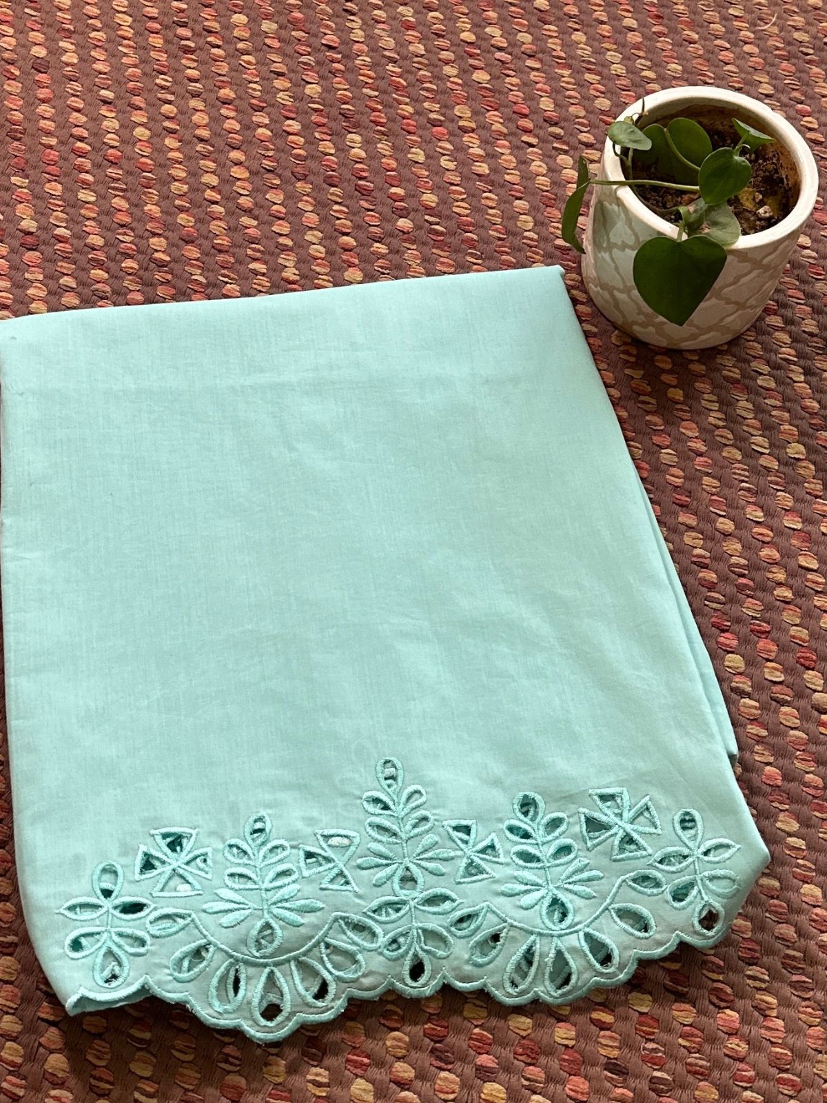 Bottom Wear Cutwork Fabric- Pastel Aqua Blue