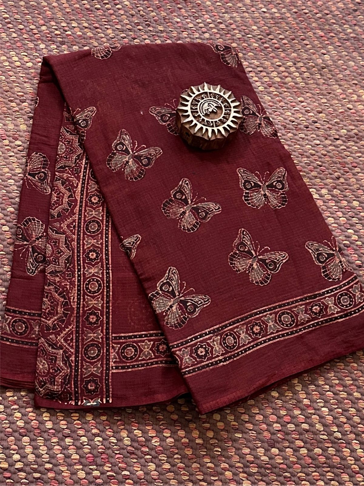 Ajrak Handblocked Kota Doria Embroidered Saree with Blouse Fabric