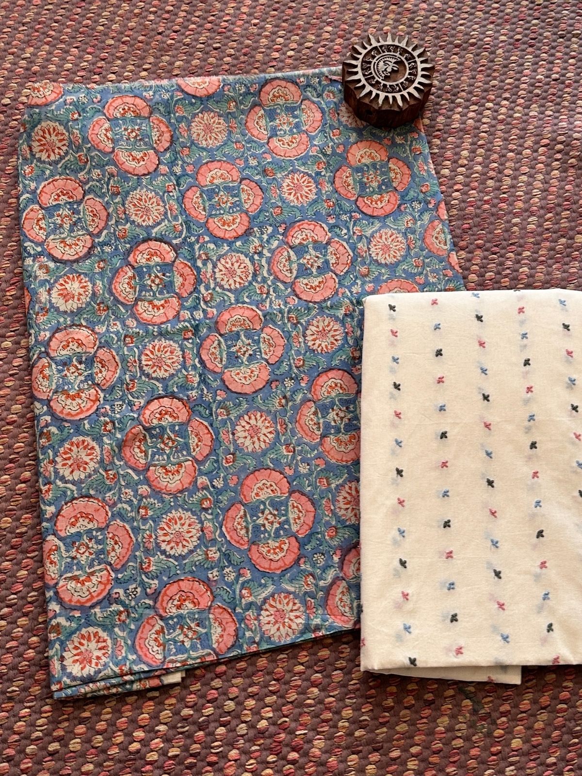 Pure Cotton Malmal Hand-blocked Fabric with Embroidered Bottom