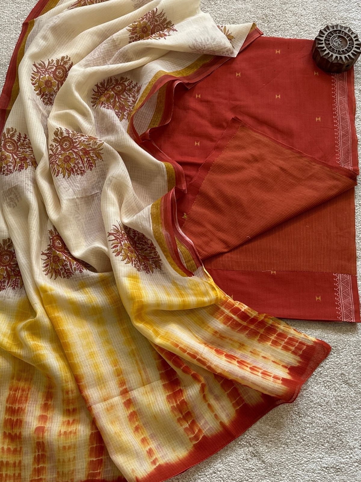 Pure Cotton Hand Woven Fabric with Kota Silk Handblocked dupatta.