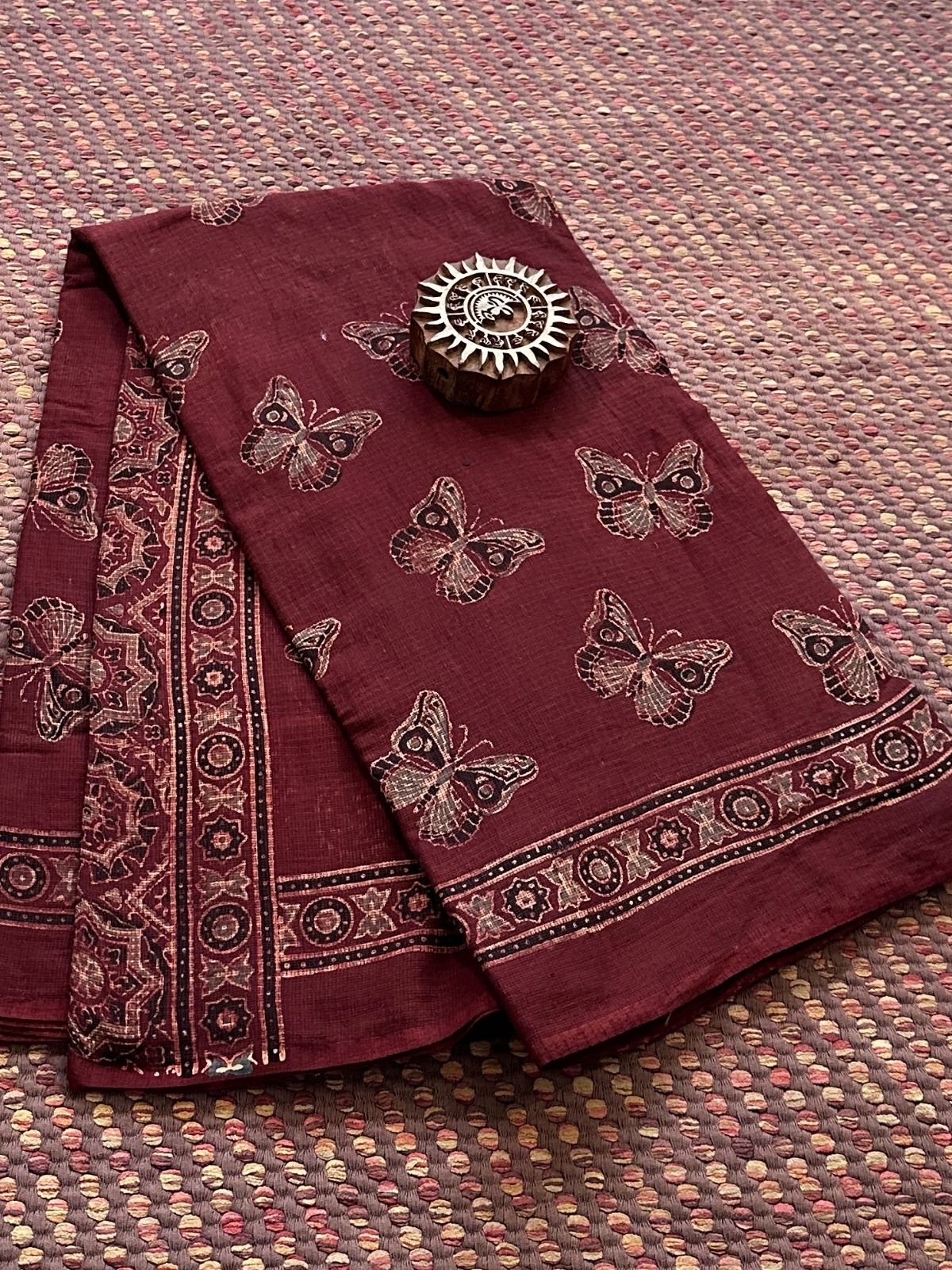 Ajrak Handblocked Kota Doria Embroidered Saree with Blouse Fabric